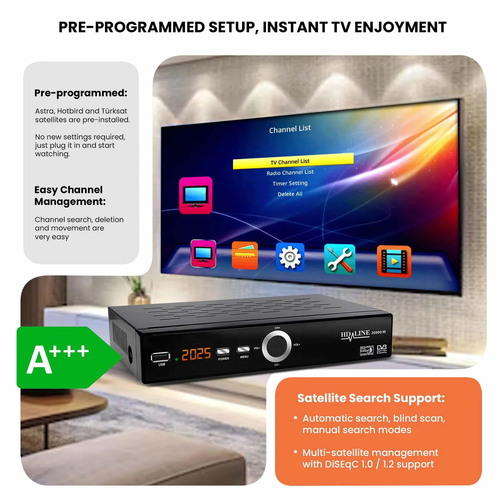 Hd-line 20900 Récepteur Satellite DVB-S2 Full HD 1080p HDMI SCART USB 2.0