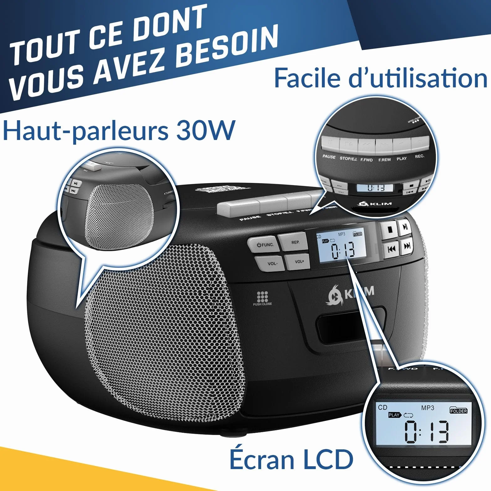 KLIM Lecteur CD Cassette Audio AM/FM Radio Bluetooth Stéréo Argent