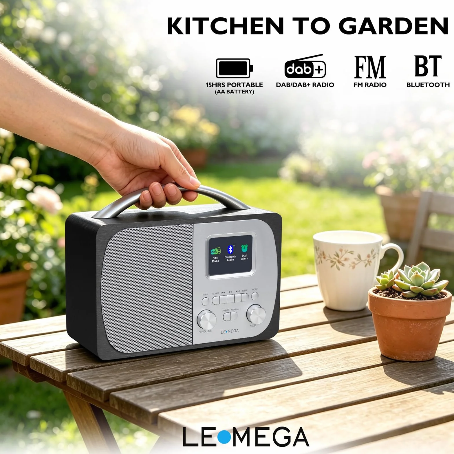 LEMEGA DR5 Radio Numérique DAB/DAB+ Bluetooth Réveil FM Secteur Piles Compacte Bois Métal Brossé