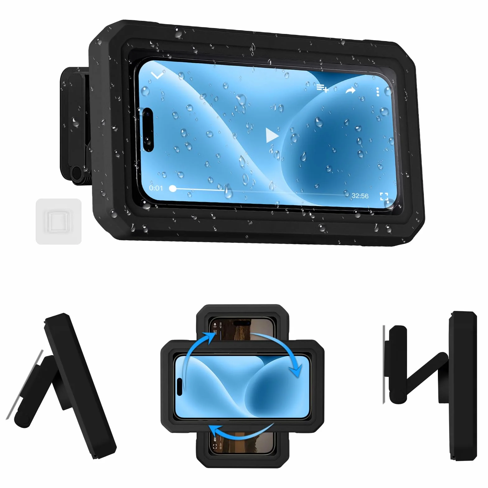 HOTUT Support de Téléphone de Douche Étanche, Étui Téléphone Mural Rotation à 360°, Support Universel pour Douche Salle de Bain Cuisine pour Moins 7" Phone, Écran Tactile Haute Définition - Noir