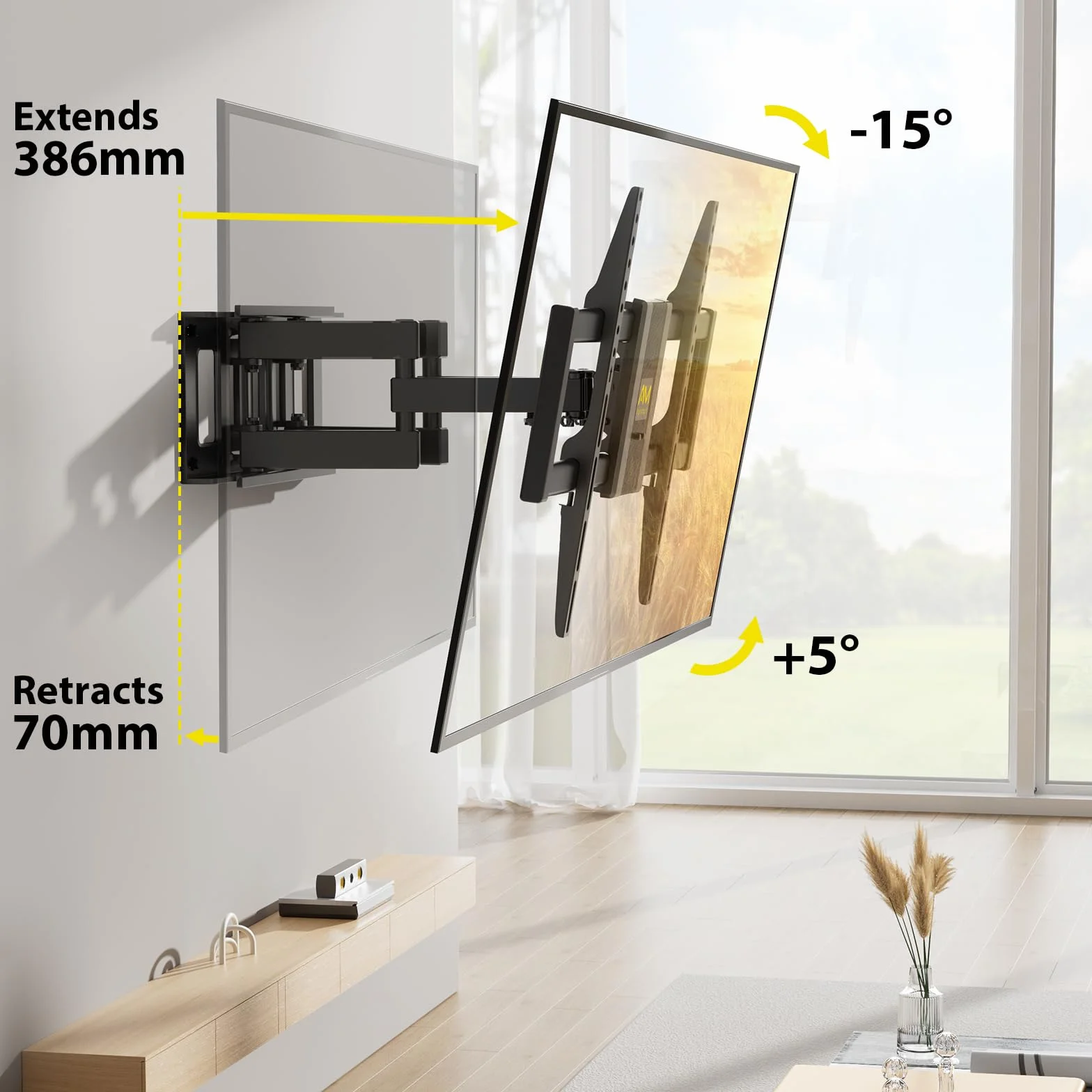 Alphamount Support Mural TV Mouvement Complet pour Téléviseurs de 37 à 80 Pouces Jusqu'à 45 kg, Fixation Murale TV avec Double Bras Pivotant Extensible et Inclinable Max VESA 600x400mm, APLF6