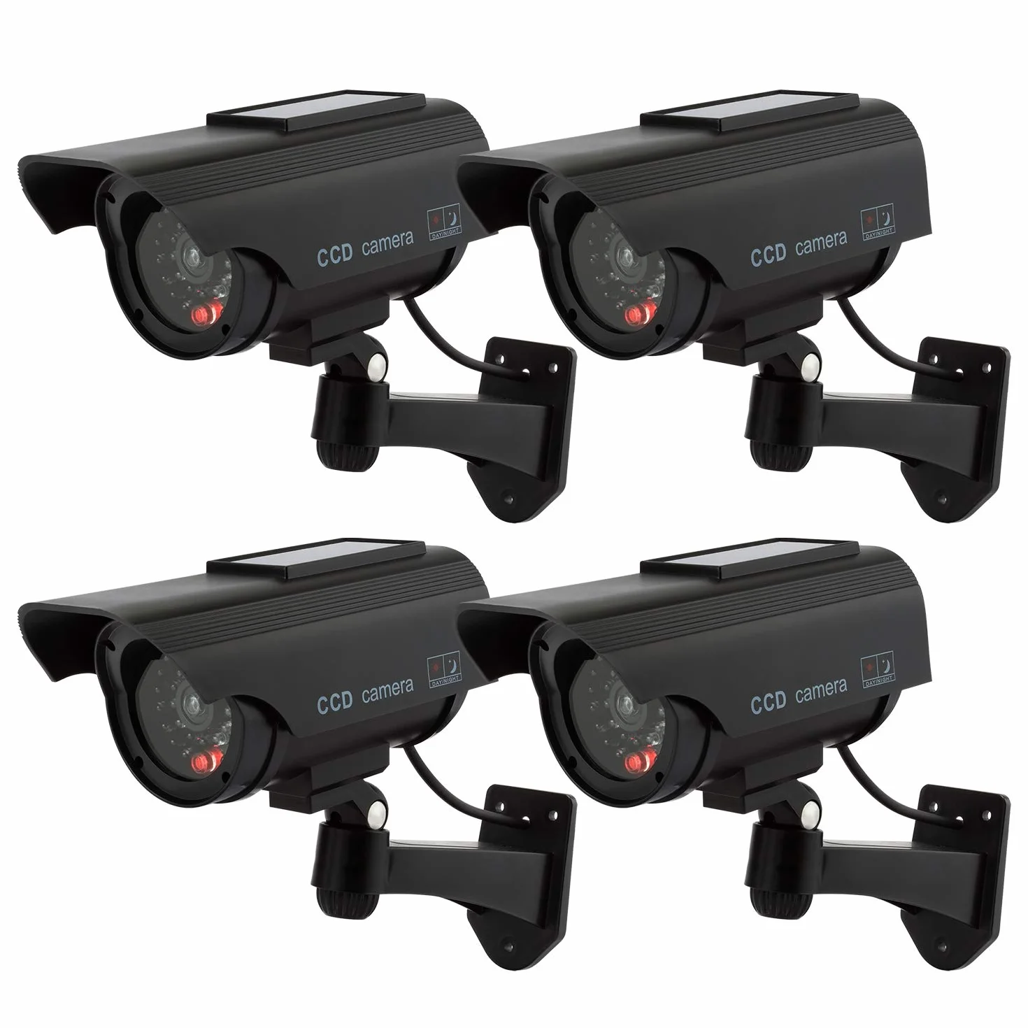 Caméras factices avec Panneau Solaire, Fausse de Sécurité Caméra CCTV avec LED Lumière pour Usage Intérieur Extérieur (4 Pack, Noir)