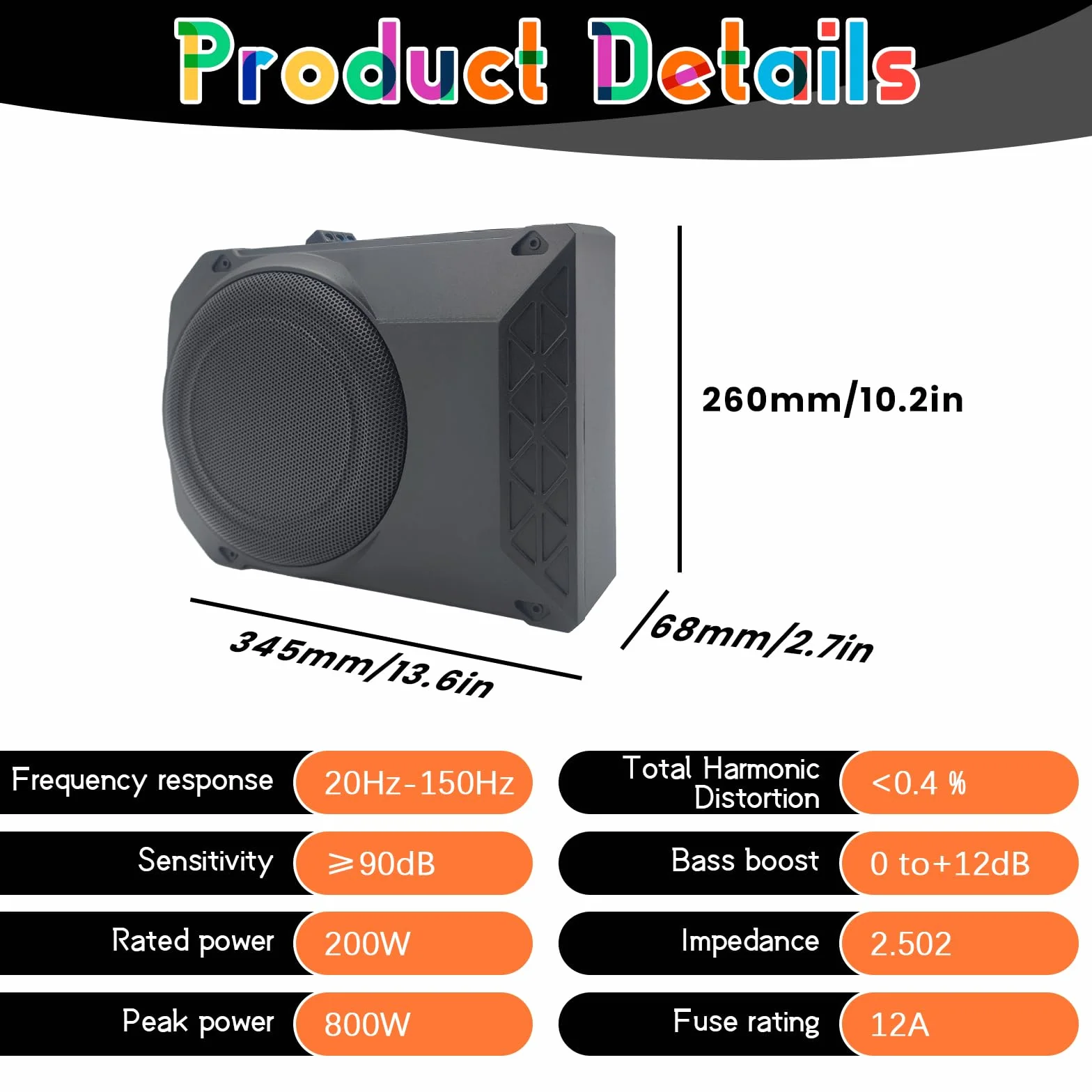 Caisson de Basses Actif amplifié 10 Pouces (800 W) — Caisson Clos Haute Performance avec télécommande, pour Voitures, camions et Camping-Cars — Plage de fréquences : 20 Hz – 150 Hz