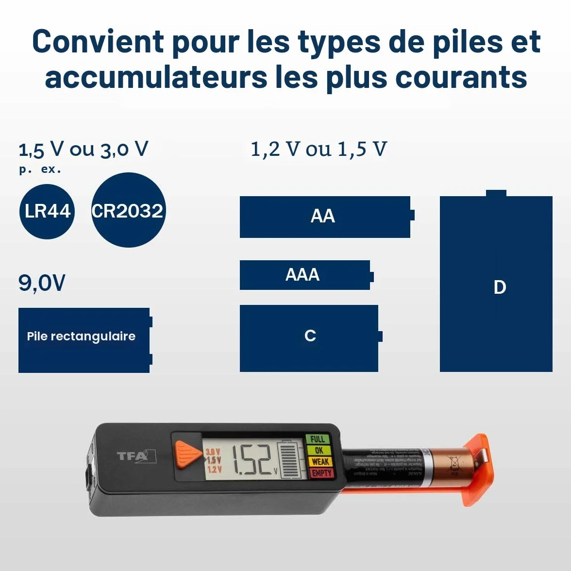TFA Dostmann BatteryCheck testeur universel piles AAA AA C D 9V