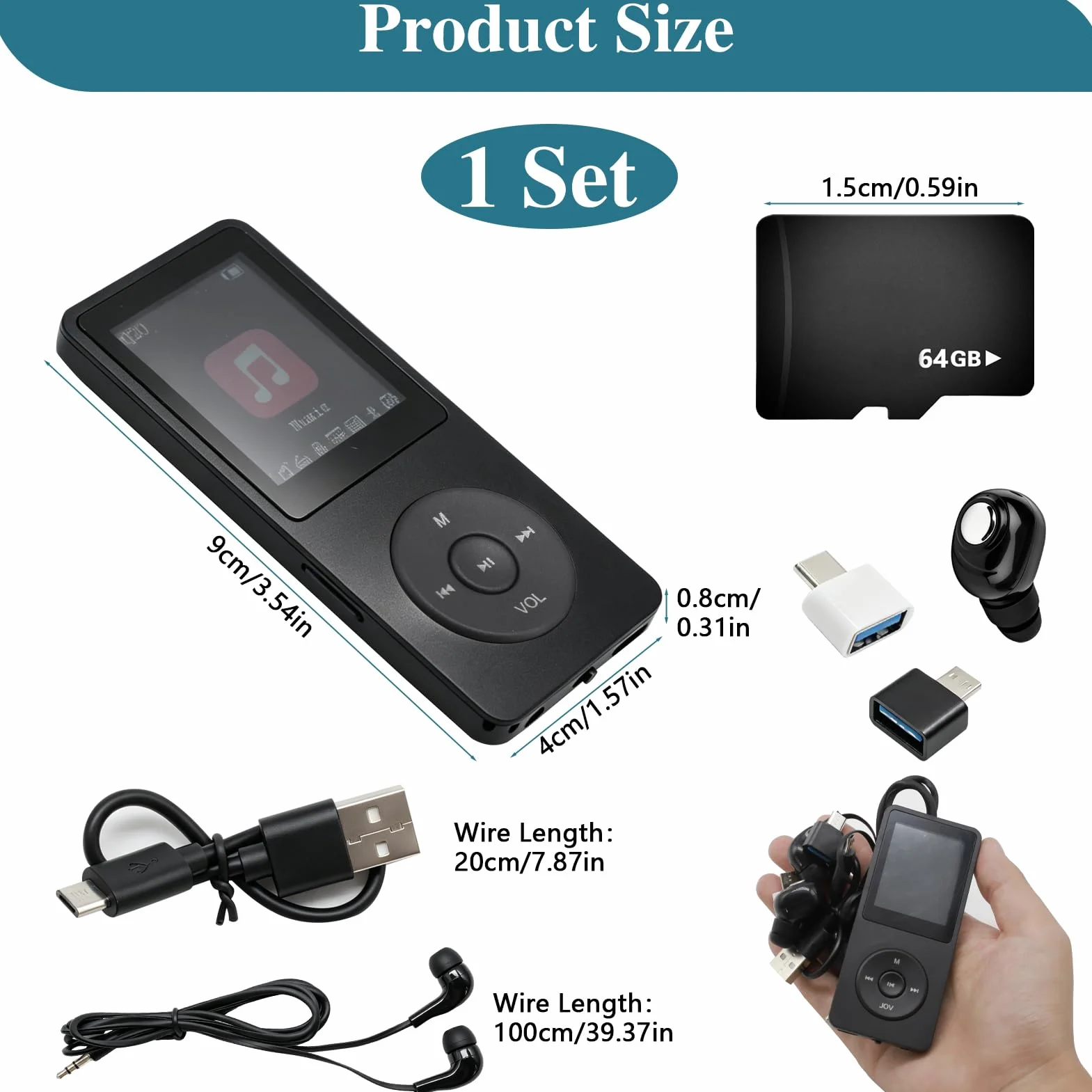 Lecteur MP3 Bluetooth 5.3 64Go avec Haut-Parleur, Radio FM, Écran 1,8", Autonomie 70H, Léger