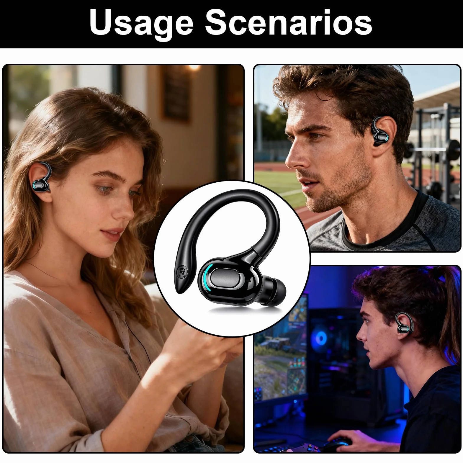 Oreillette Bluetooth sans Fil V5.2 avec Micro intégré Écouteur Mono Tour d’Oreille 360° 20h de Lecture pour iPhone Android PC Bureau Conduite Affaires Sport-Réduction du Bruit(Noir)