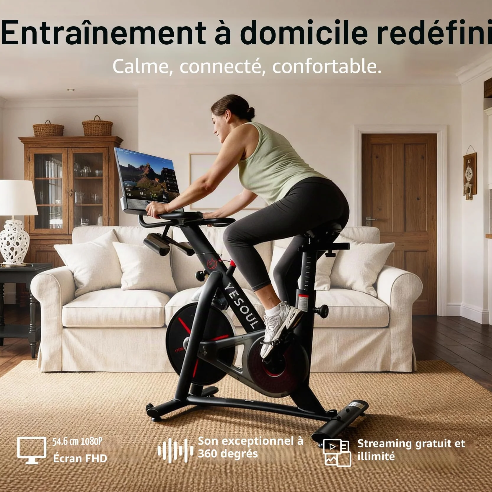 YESOUL G1M Plus Vélo d'appartement magnétique silencieux écran FHD 21,5 pouces son 360° vélo de fitness