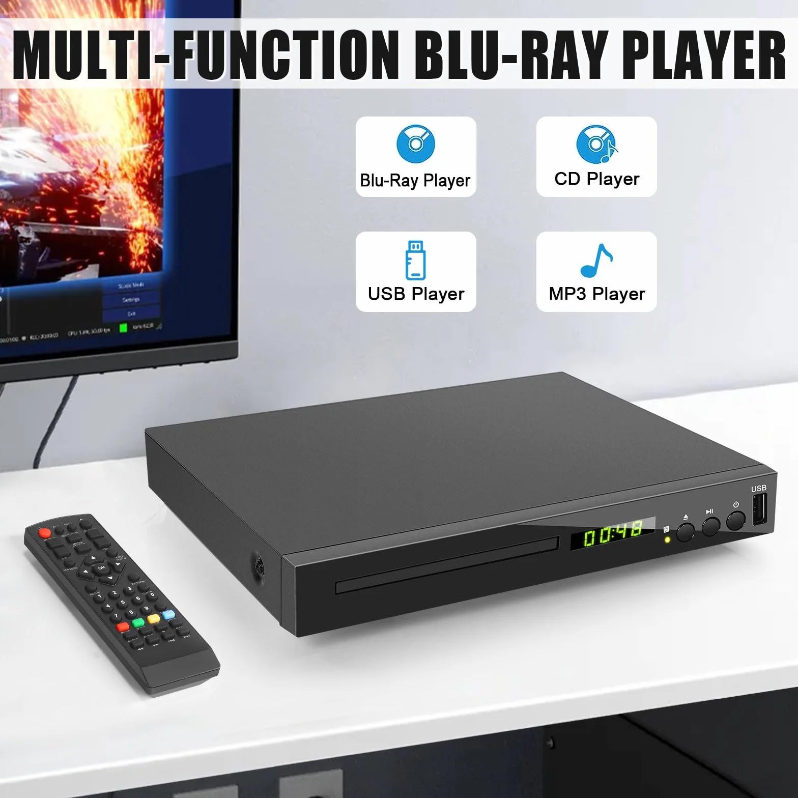Lecteur de DVD Blu-Ray pour TV, HD Lecteur Blu-Ray Lit Le Disque Blu-Ray de Région 2, Lecteur DVD CD 1080P Toutes Régions pour la Maison, Supporte Clé USB Sortie HDMI AV Coaxiale (Blu-Ray Région 2)