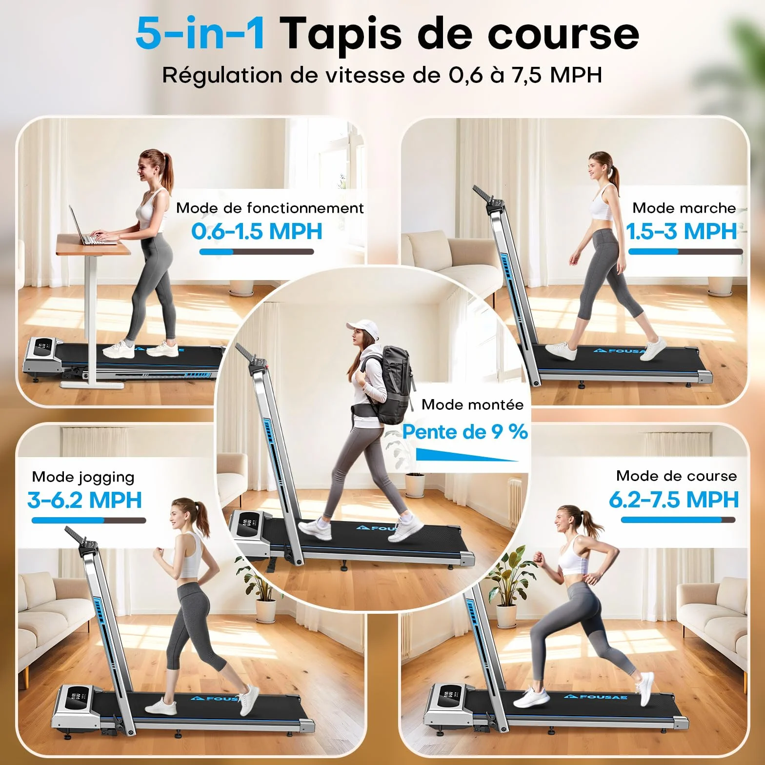 Tapis de Course Pliable FOUSAE 12 Programmes HIIT Inclinable 9% 12 KM/H Moteur 2,75 CV Charge 158kg