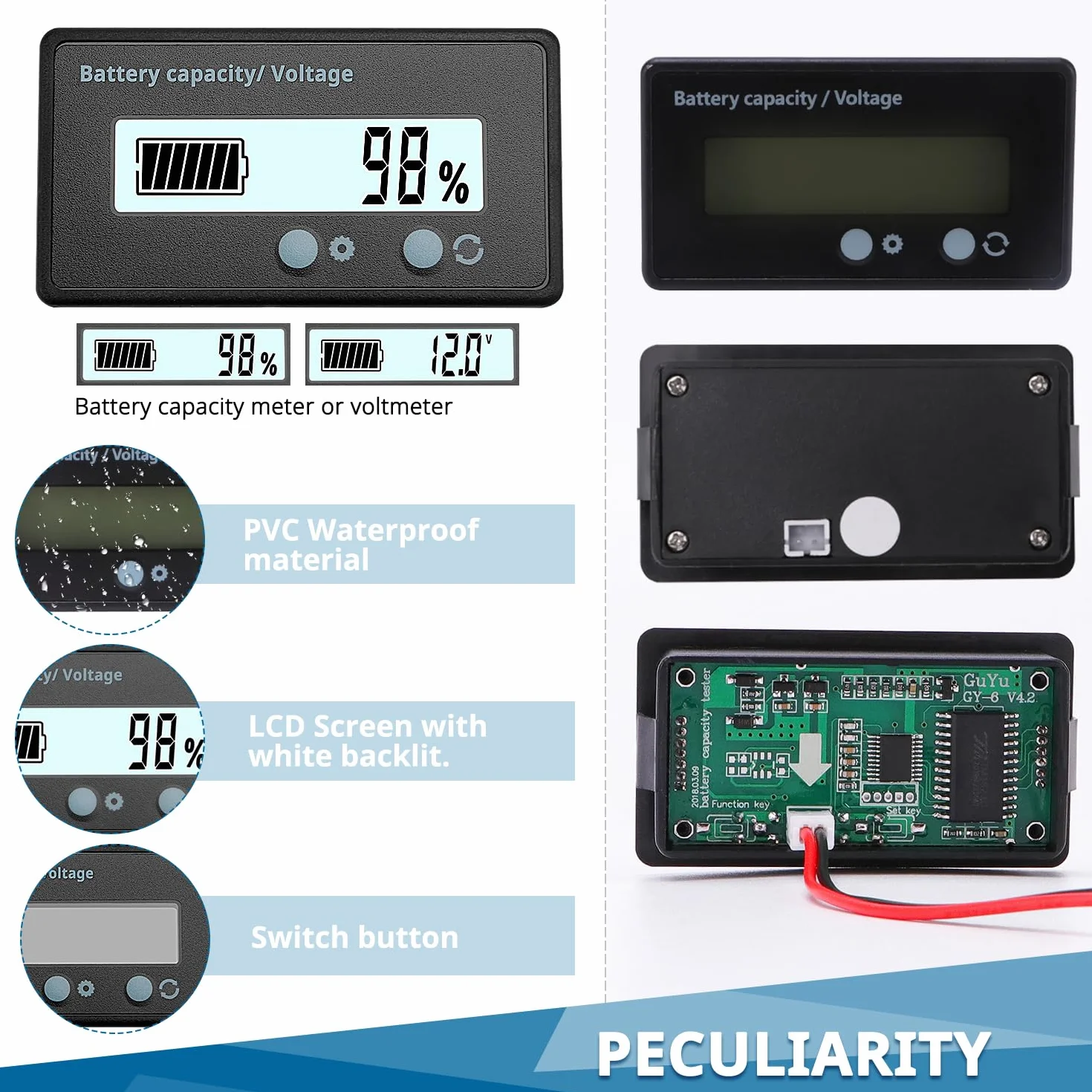 VooGenzek Compteur de Batterie CC, Moniteur de Voltmètre Capacité, Indicateur Batterie Plomb, Écran LCD DC 12V 24V 36V 48V