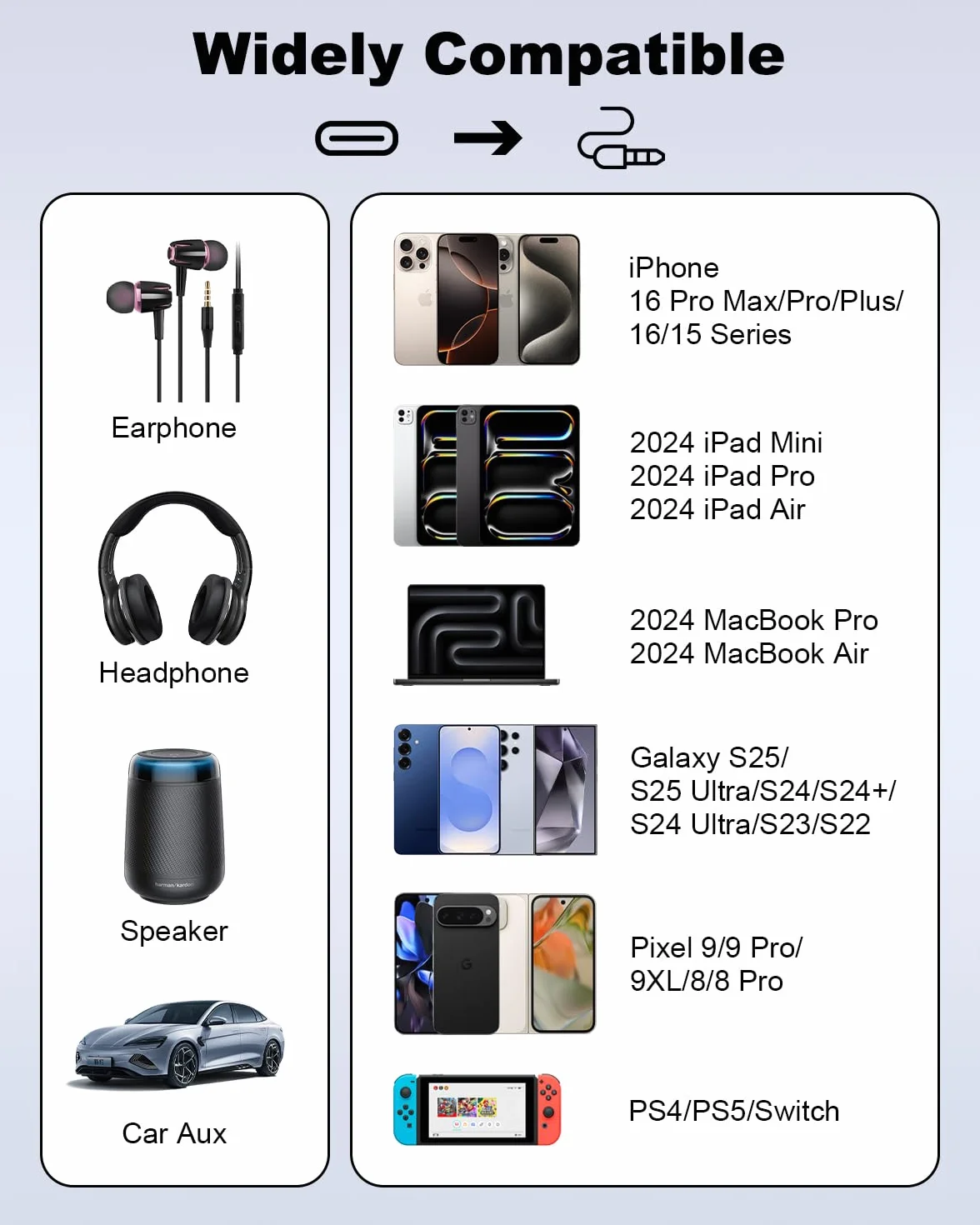 Câble USB C vers Jack 3.5mm 1M pour iPhone 16/15, Samsung S25 S24, Huawei, Xiaomi