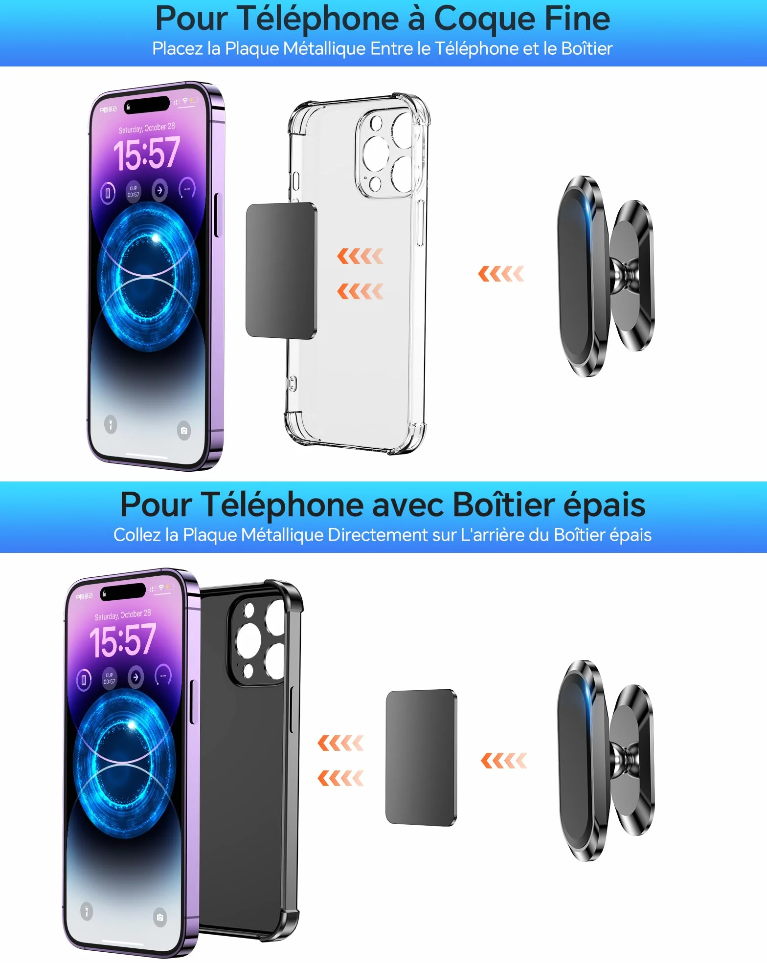 Coolpow Support Telephone Voiture Magnetique 【Lot De 2】Aimant Telephone Voiture【360°】Porte Telephone Voiture Portable Aimanté Adhésif Accessoire Voiture pour iPhone 17 Pro Max 16【avec Plaque de métal】