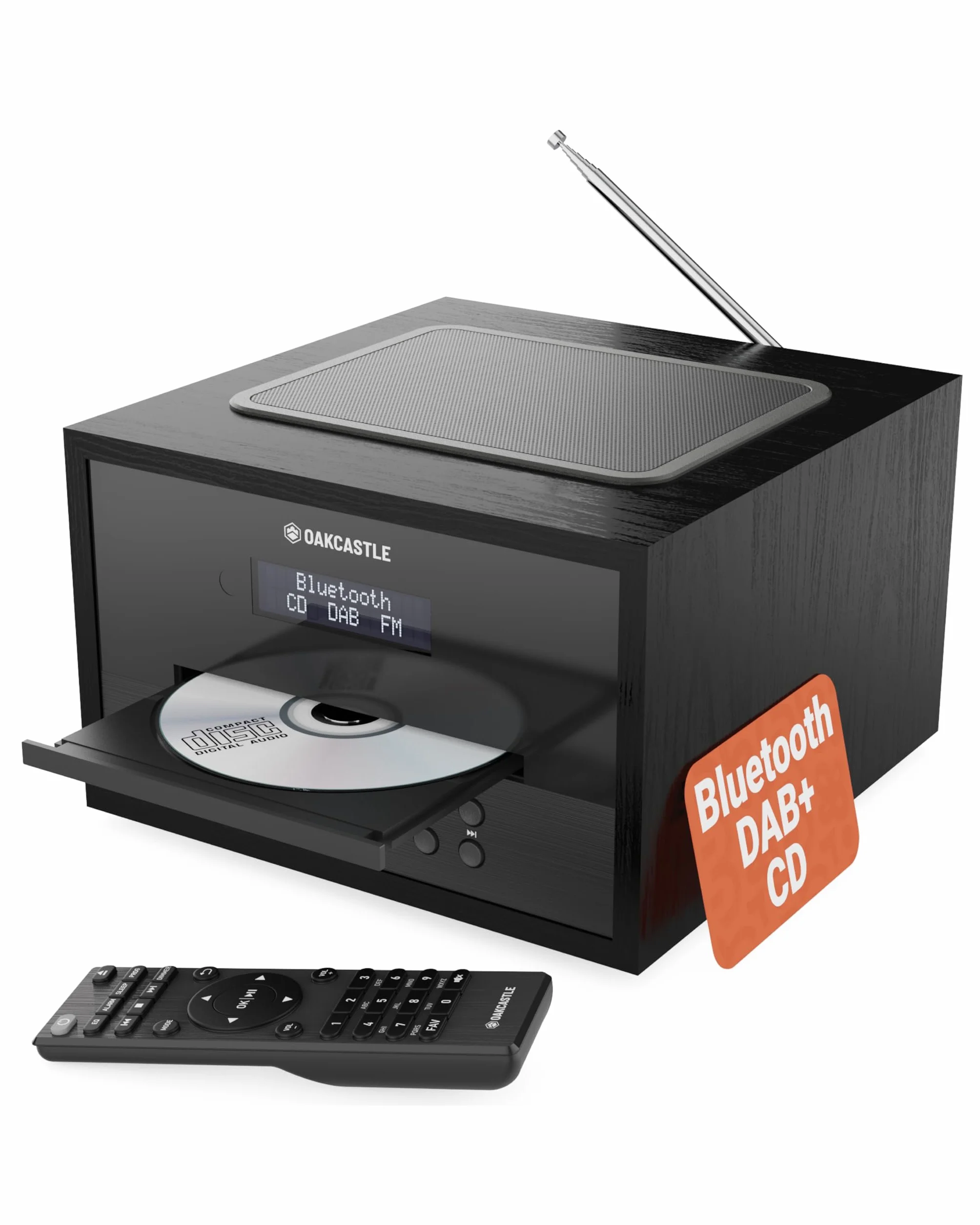 Mini Chaîne HiFi CD Radio Dab+ | Lecteur CD Bluetooth avec Haut-parleurs 40W | Radio Réveil avec Double Alarme, 99 Stations | USB, AUX, MP3 | Télécommande Incluse | Oakcastle DAB400