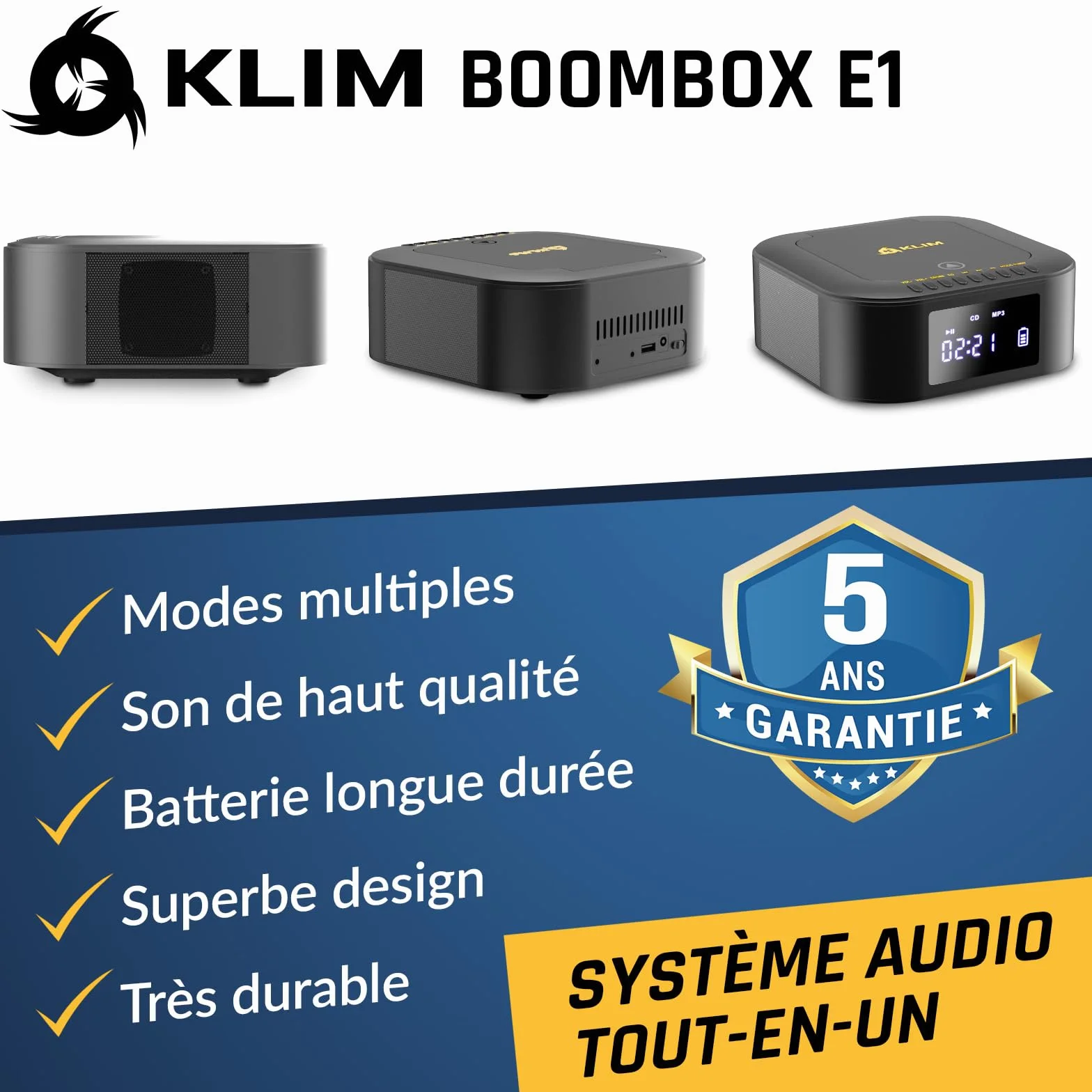 KLIM Boombox E1 - Poste Radio CD Portable - Extra Bass avec Subwoofer - Radio FM, CD, Bluetooth, USB, Bluetooth, MP3 - Mode Filaire et sans Fil avec Piles Rechargeables - Télécommande - Noir/Or