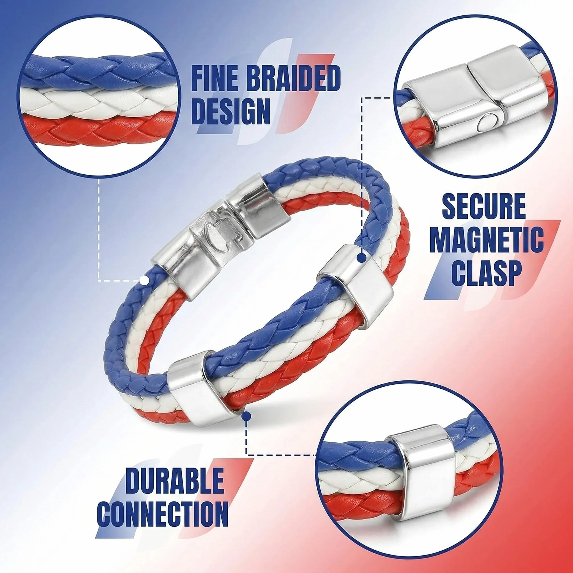 Lot de 2 Bracelet France Drapeau Français en Cuir Synthétique Bleu Blanc Rouge 22cm