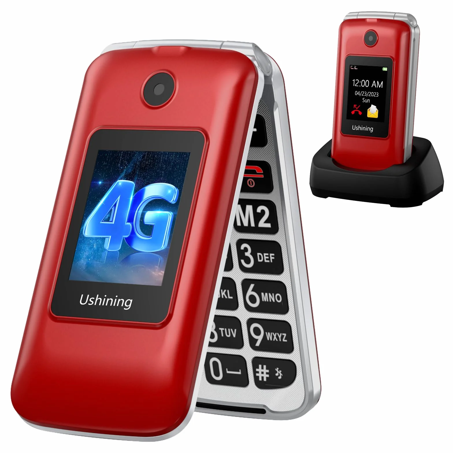 4G Telephone Portable Senior Clapet Basique Sans Forfait,Telephone pour Personne Agée avec 2.8” Grandes Écran,Grosse Touche,Bouton SOS,Station de Charge,Lampe Torche,Radio FM, 1200mAh Batterie (Rouge)