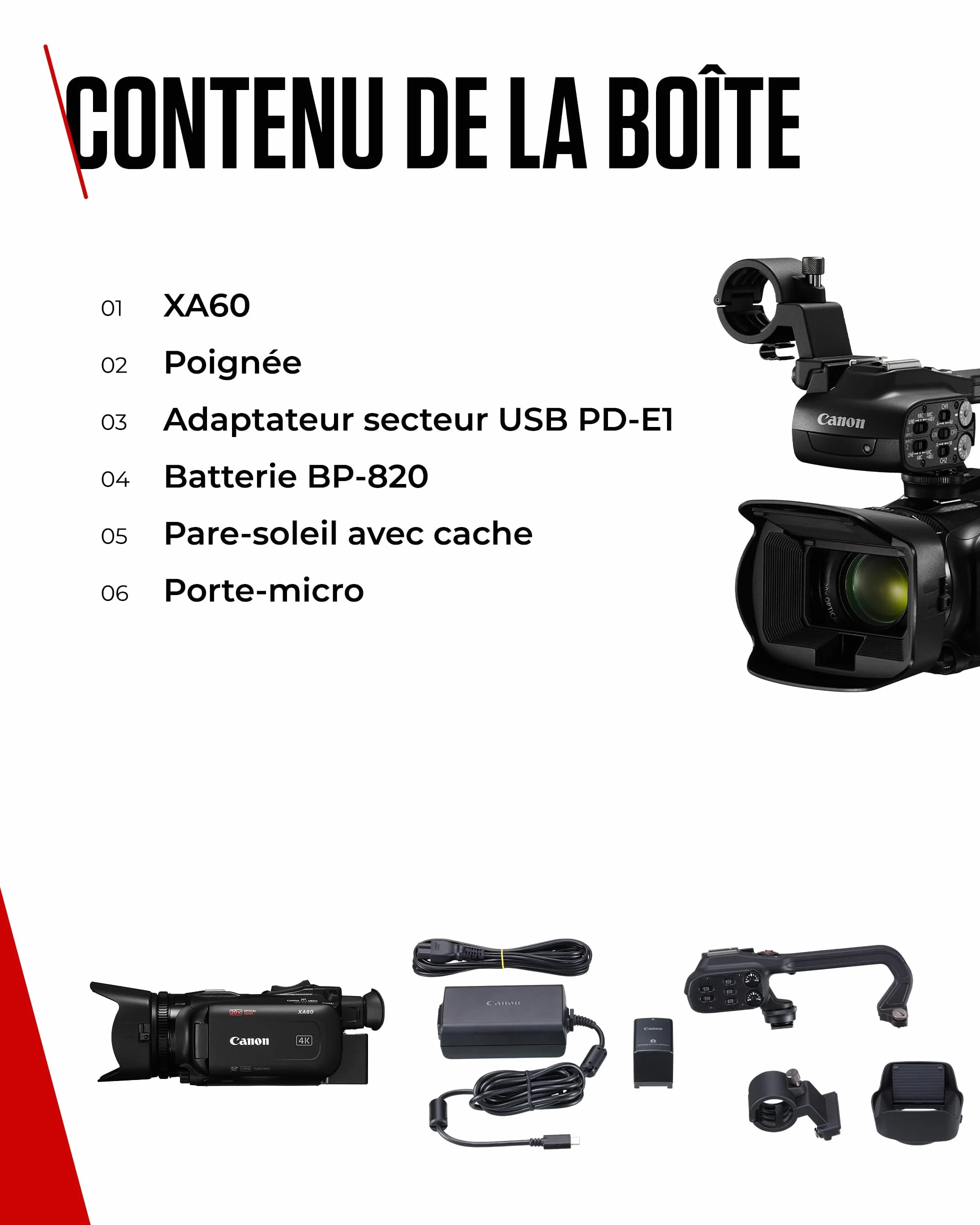 Canon XA60 - Camera 4K avec Autofocus Avancé et Zoom Optique 20x - Camera Professionnelle avec Stabilisation sur 5 Axes, Sortie HDMI et Diffusion HD en Direct en USB-C