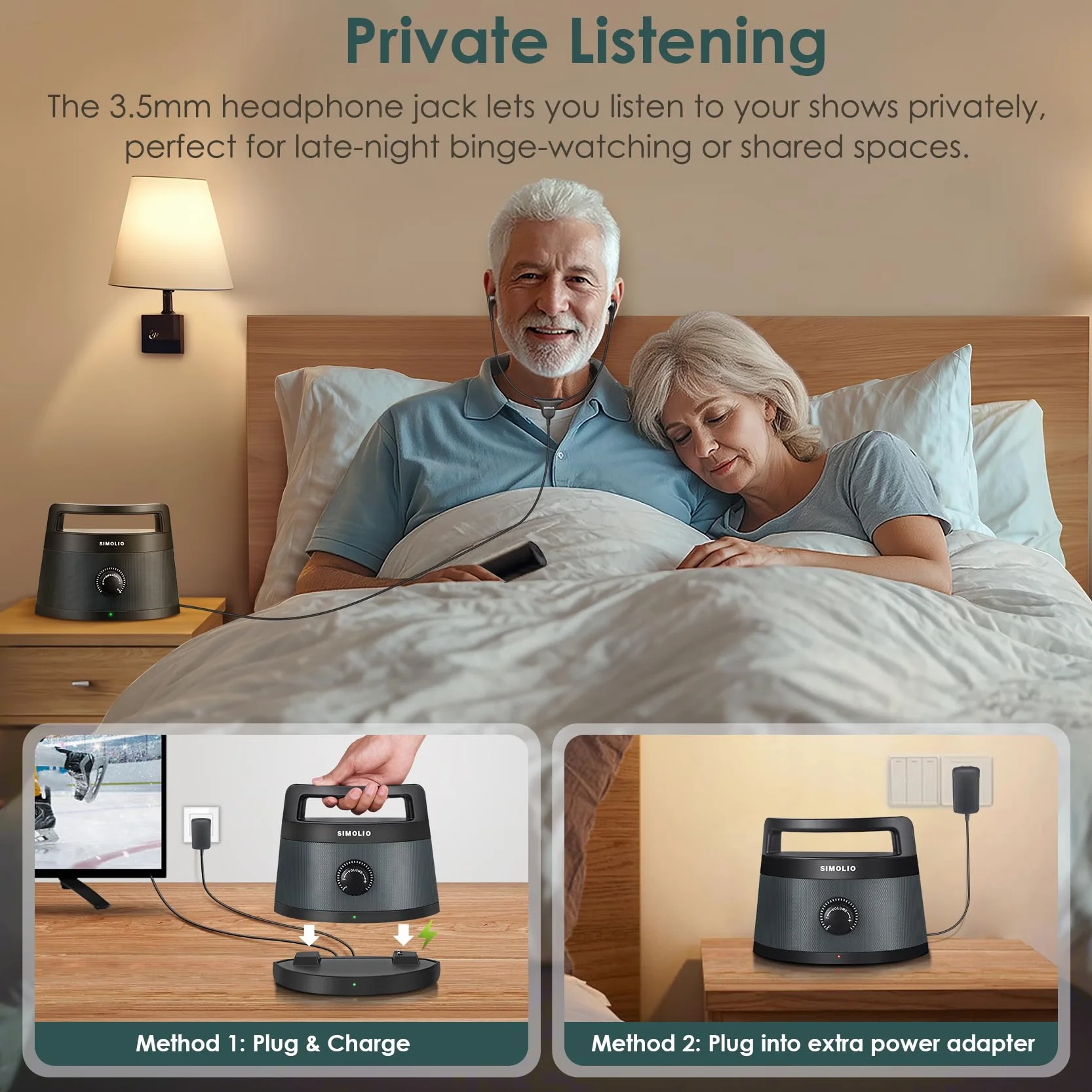 SIMOLIO Enceintes TV sans Fil Seniors Malentendants Bluetooth Haut-parleurs 3 Modes Égalisation Améliorateur Dialogue 164 Pieds