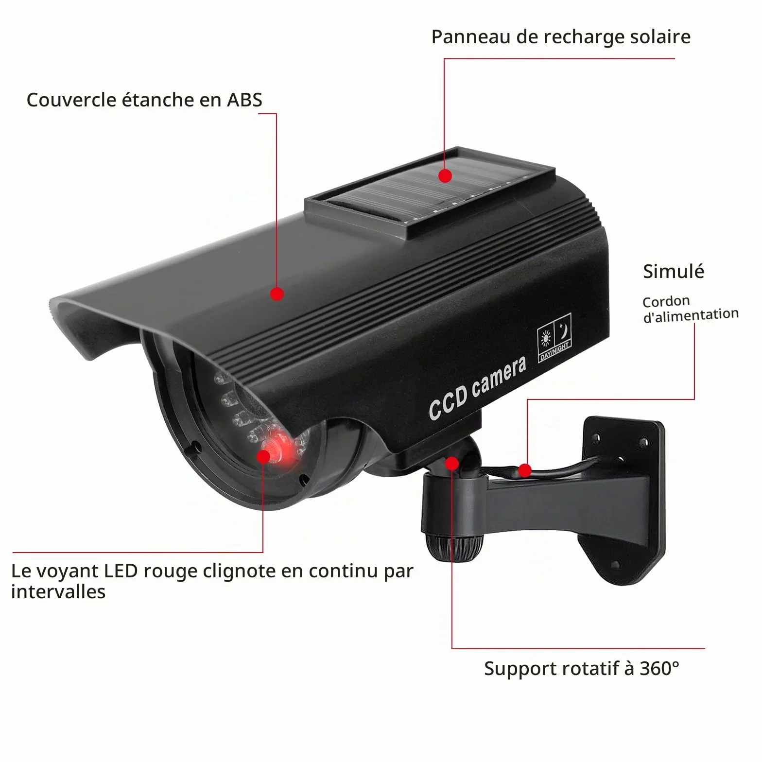 Lot De 2 Caméra Factice Extérieur, Caméra De Surveillance avec LED, Caméra Factice Extérieur, Caméra Factice Intérieur Extérieur Solaire, Caméras Factices avec LED, pour La Maison Et Le Bureau