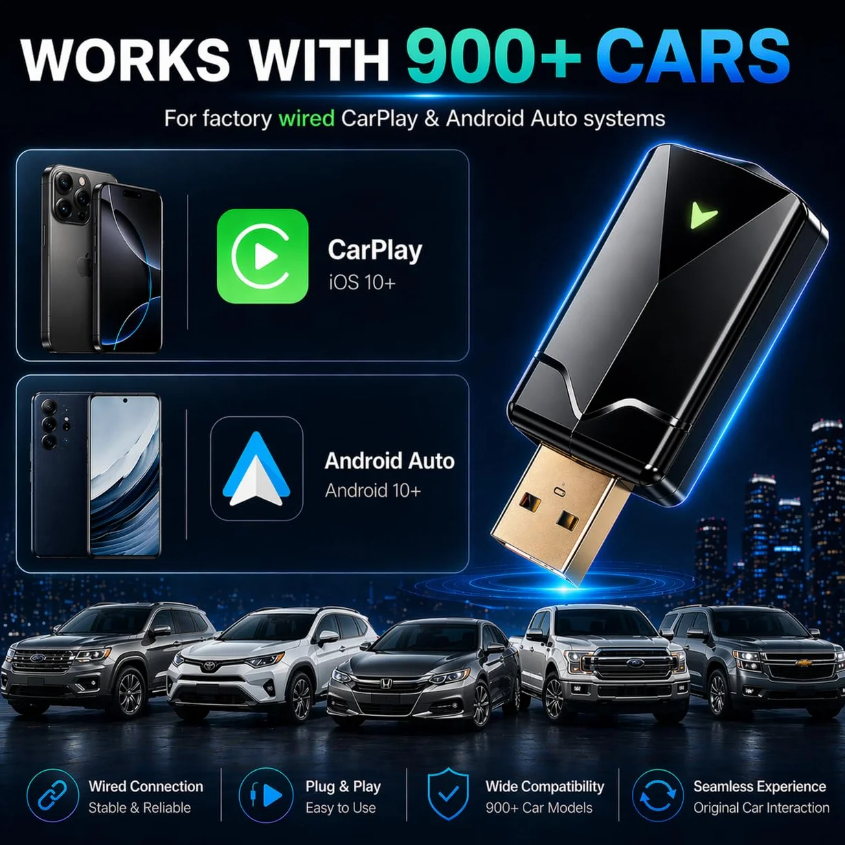 Adaptateur CarPlay sans Fil Android Auto Wi-Fi 5,8GHz Plug & Play iOS 10+ Android 10+ pour Voitures 2016+