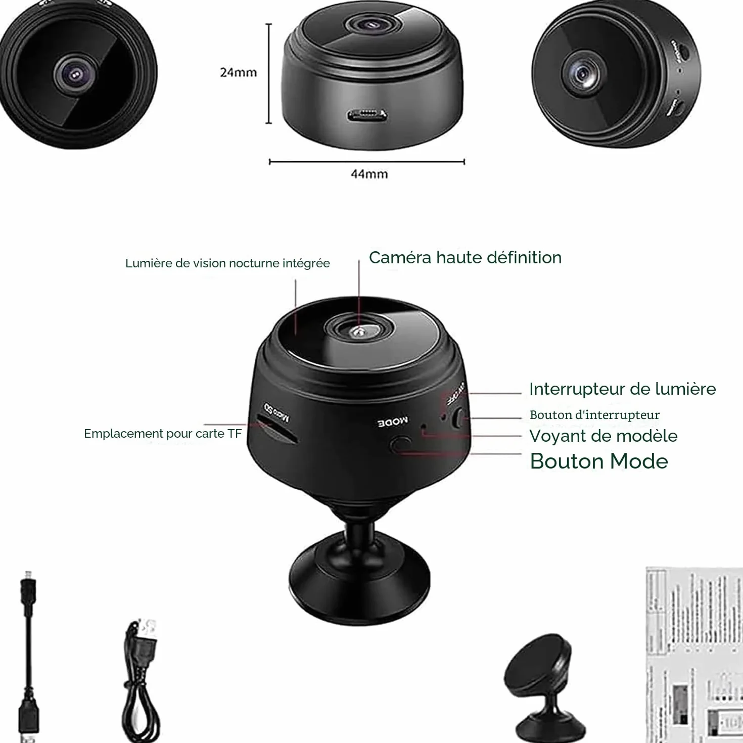 Secretscope Mini caméra de sécurité magnétique, Wi-Fi, caméra extérieure sans fil, avec fonction de vision nocturne pour la maison et le bureau, (noir, 3 pièces)