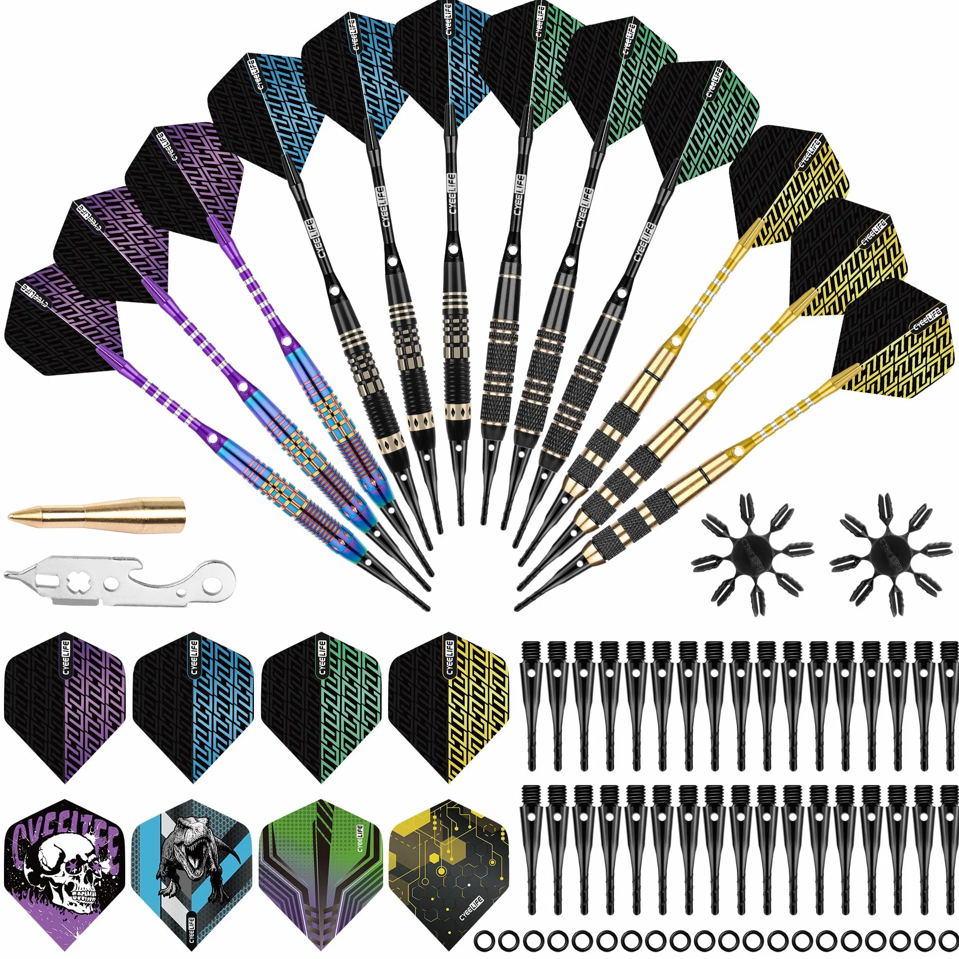 CyeeLife Fléchettes de Dart avec pointe en plastique, 12 pièces Set Premium Softdarts - Barils en laiton avec 4 designs