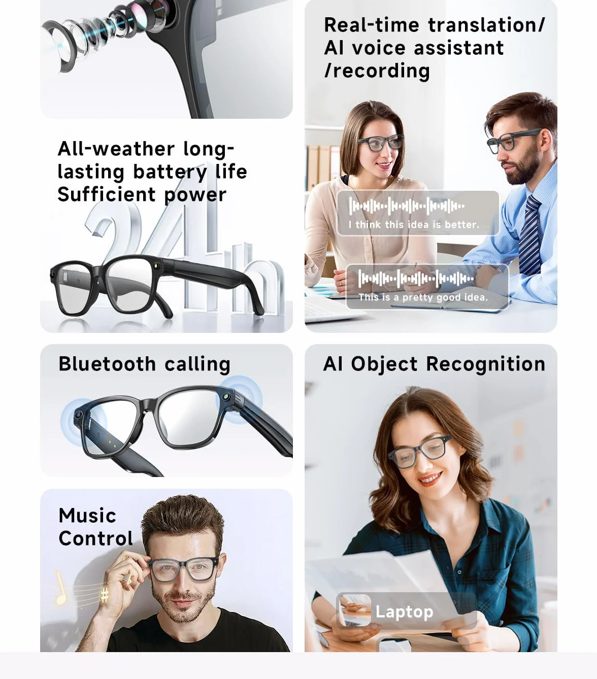 Lunettes Intelligentes AI avec Caméra 8MP, Lunette Camera Bluetooth Homme, Traduction IA Temps Réel, Audio Open-Ear, Lentilles Automatiques, Protection UV, Vidéo HD 1200P