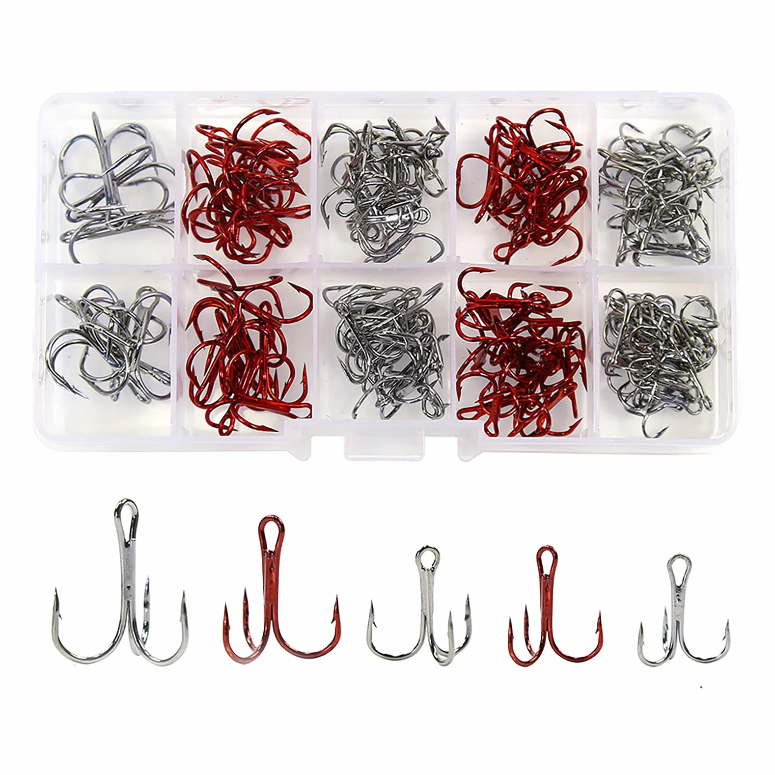 Croch Hamecon Peche Triples de 130Pcs, hameçons barbelés en Acier à Haute teneur en Carbone Tailles: 4#, 6#, 8#, 10#