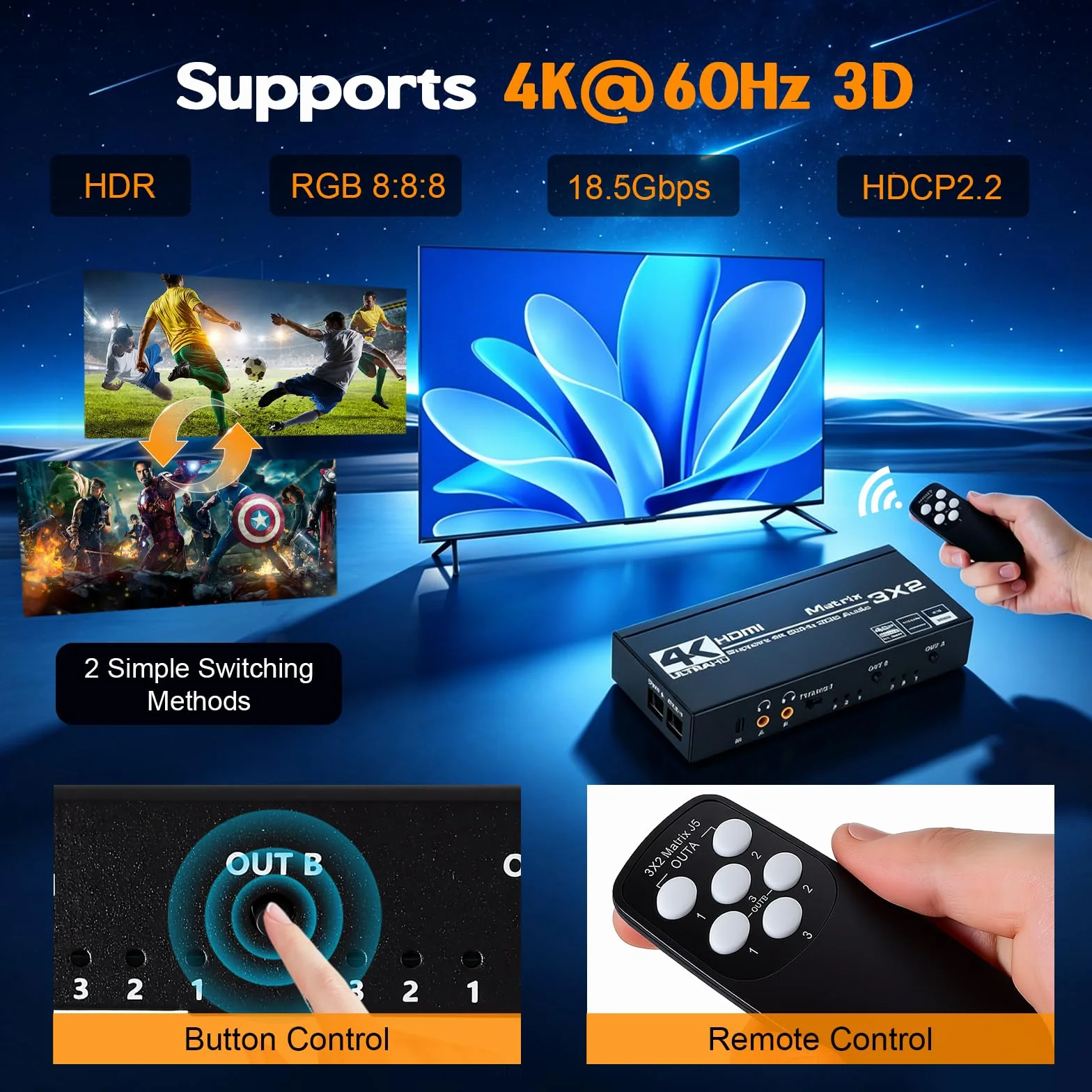 Switch Hdmi 4K 60Hz 3x2, HDMI Switch Splitter 3 in 2 Out, HDCP 2.3 HDR10 18Gbps, mit IR Télécommande & 3.5mm Audio Extractor, Support 4K@60Hz, HDCP 2.2, pour Switch, PS5, Xbox, PC