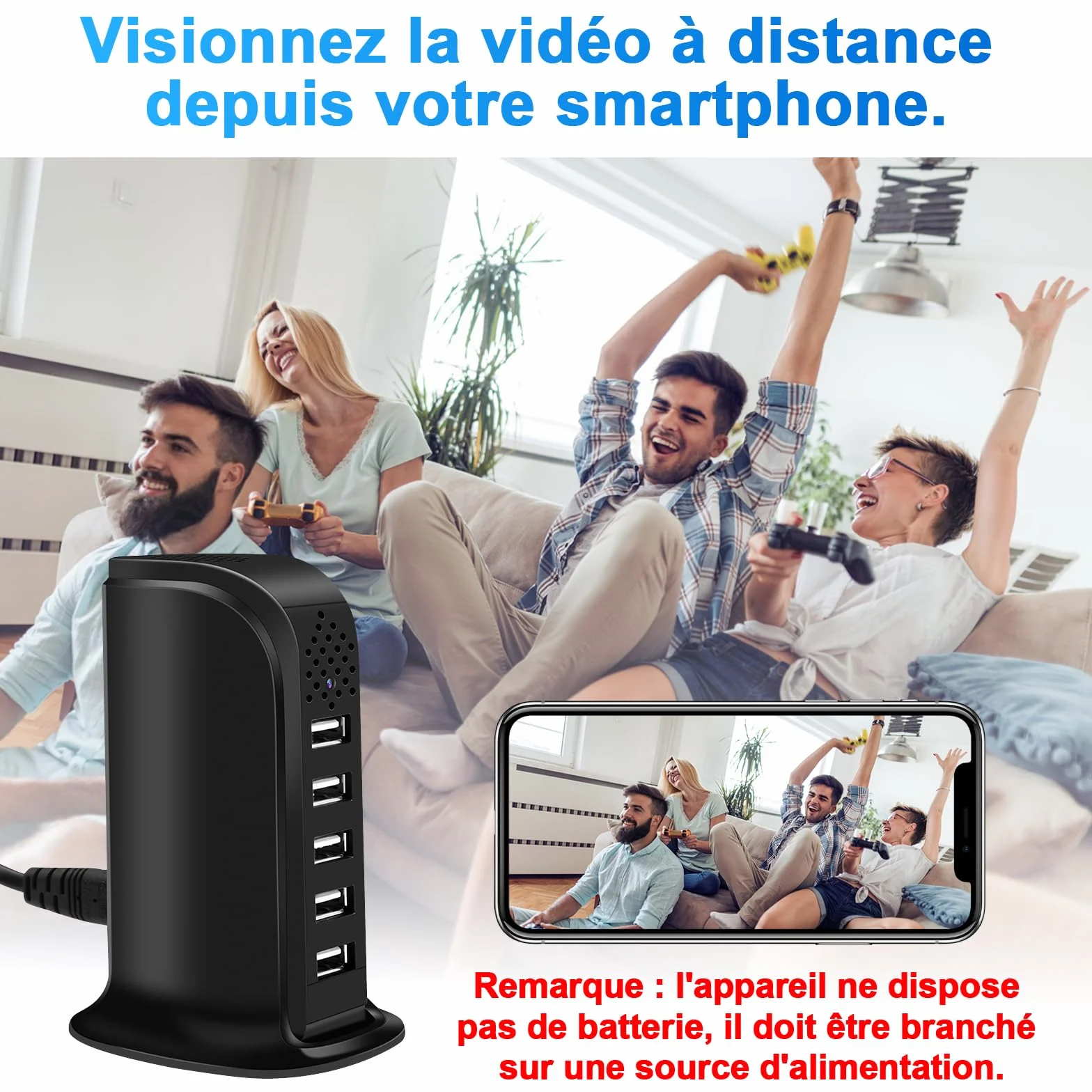 Caméra Espion WiFi 2.4 & 5G, Chargeur USB à 5 Ports avec Mini Caméra Espion Cachée, HD 1080P Micro Camera Cachée WiFi Supportant la Détection de Mouvement et l'enregistrement en Boucle