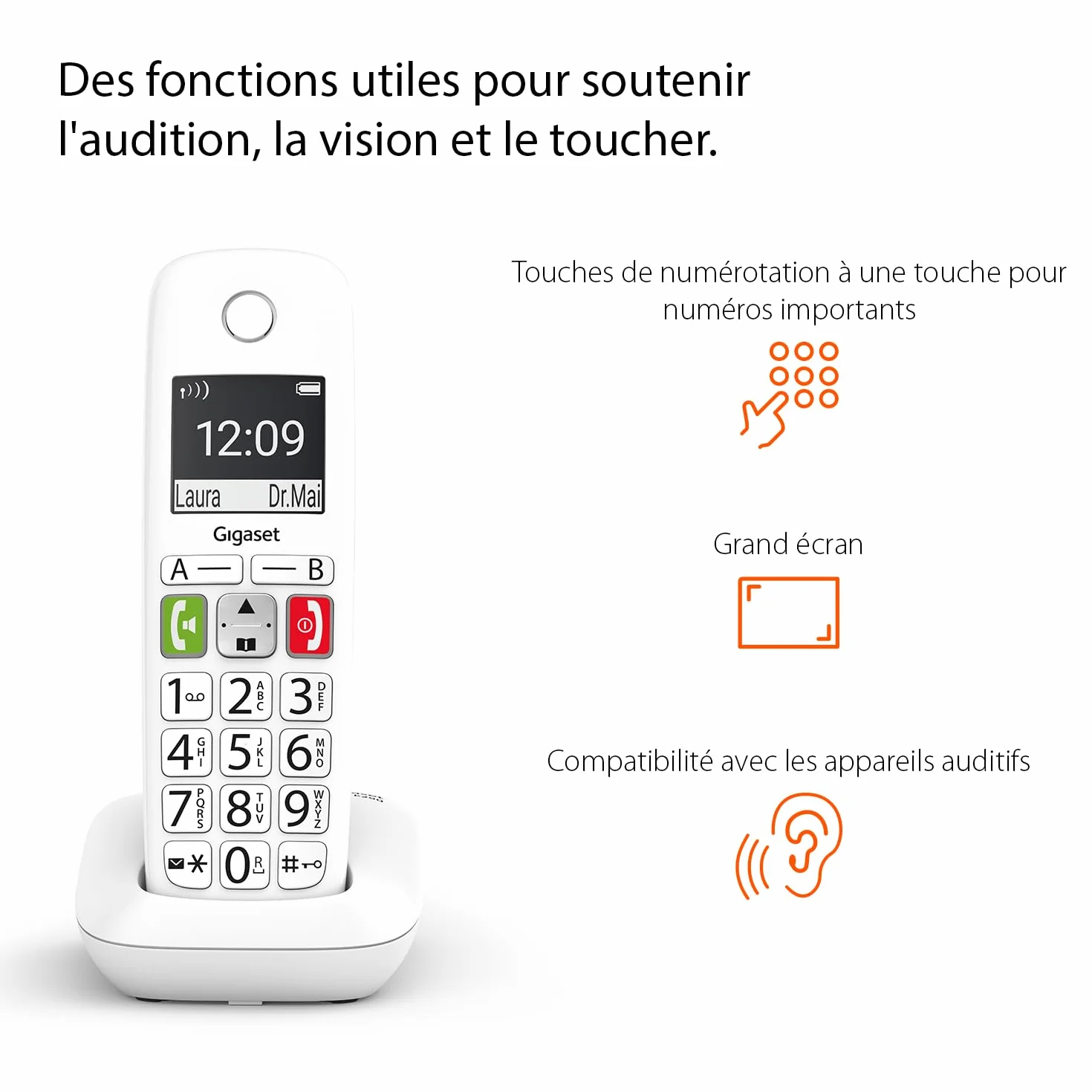 Gigaset E290 téléphone sans fil seniors larges touches amplification son fort blanc