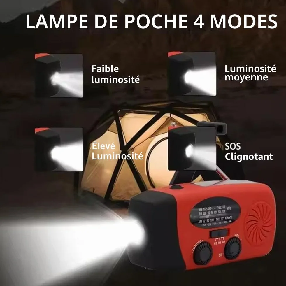 Radio d'urgence portable AM/FM avec manivelle solaire, chargeur USB, alarme SOS et lampe LED rouge