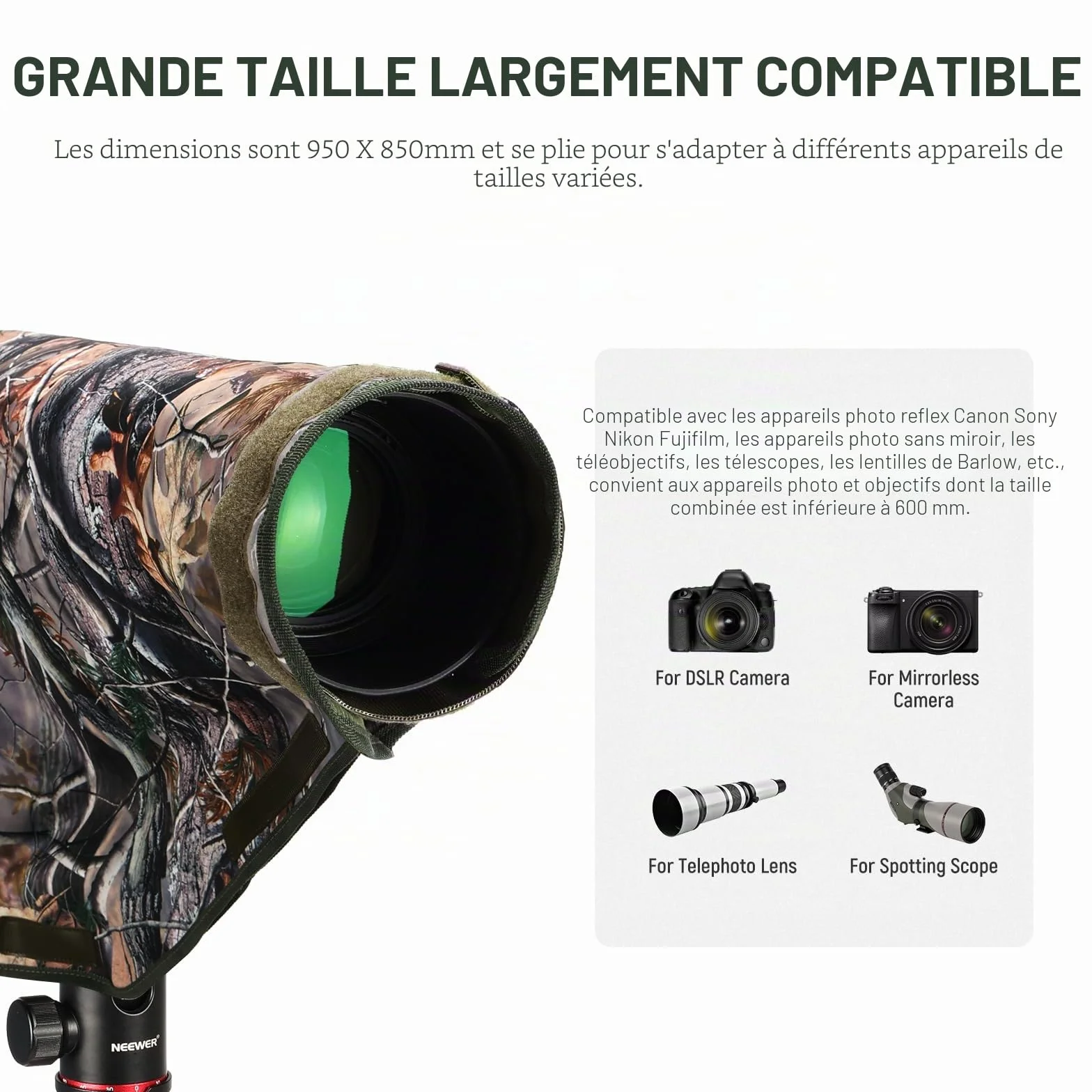NEEWER Housse de Protection Contre la Pluie pour Appareil Photo Reflex numérique Canon, Sony, Nikon, Fujifilm et objectifs jusqu'à 400 mm, Camouflage des Deux côtés, en Nylon Vert PB020