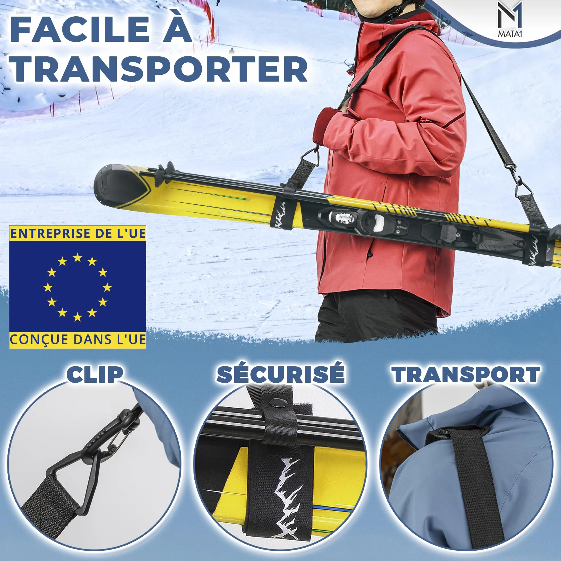 Sangle de Ski Porte-bâtons Noir Bandoulière réglable Transport Skis Bâtons