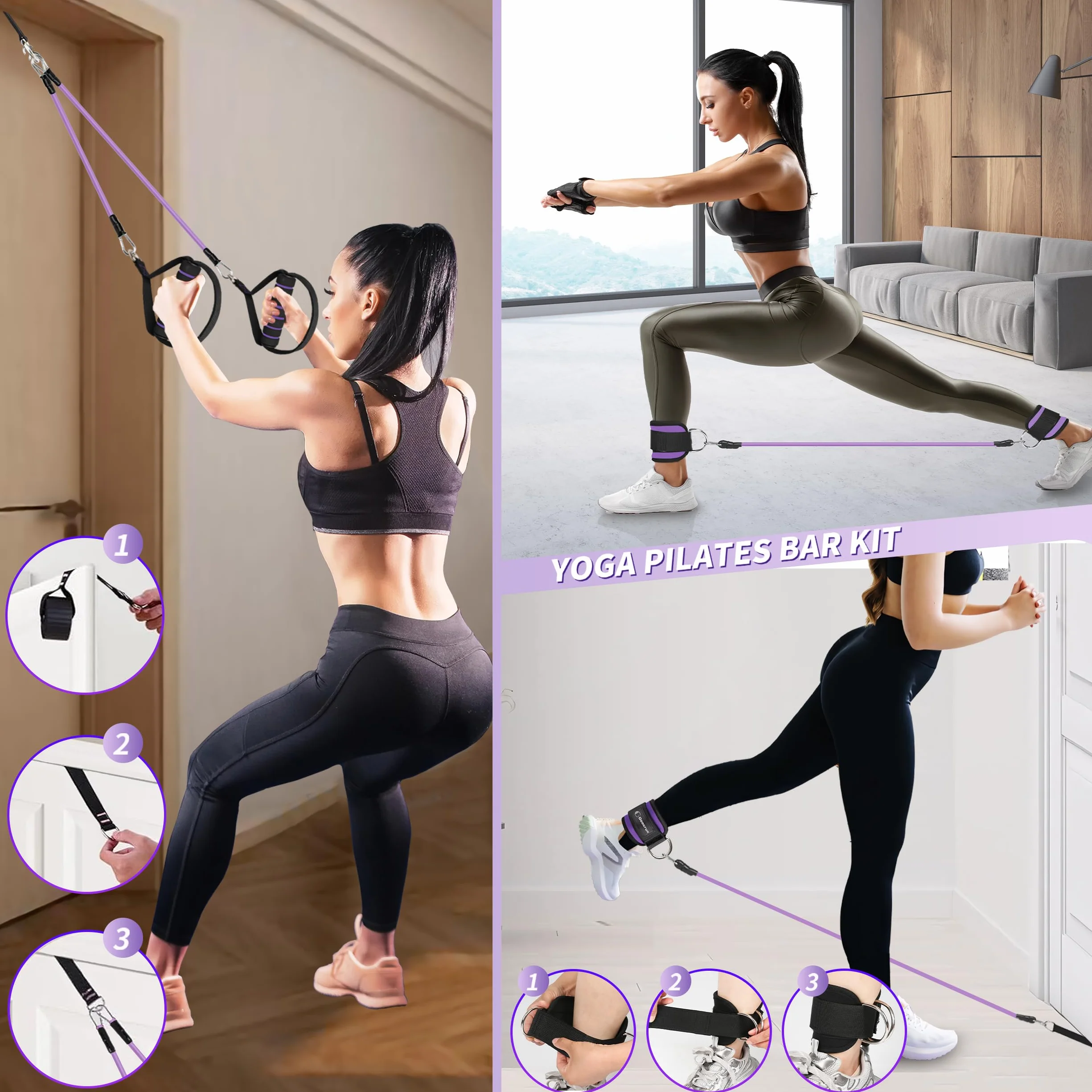 Ensemble de Barres de Pilates et Bandes de Résistance avec Poignées, Salle de Sport Portable à Domicile