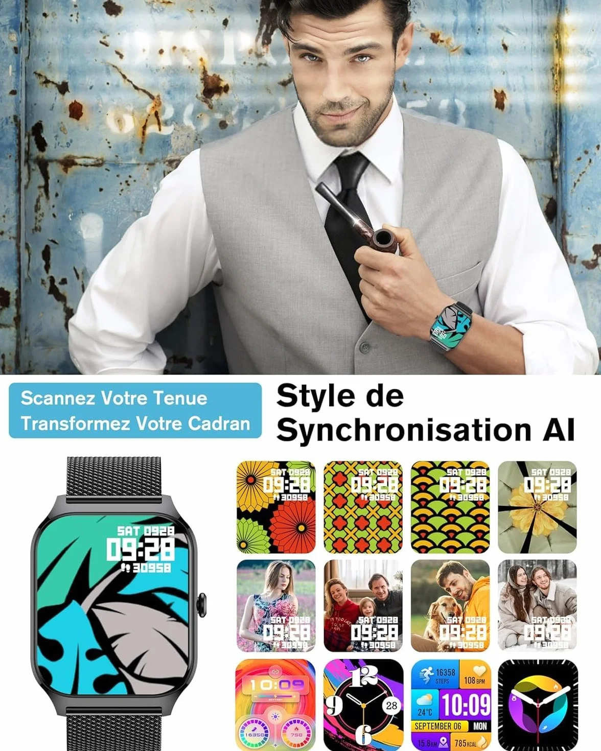 Popglory Montre Connectée pour Samsung Apple Android Phone, 1.85" Smartwatch Homme Femme avec Appel Bluetooth, Tensiomètre, Fréquence Cardiaque, SpO2, Stress, Sommeil, Podomètre, 100+ Sports, Cadeau