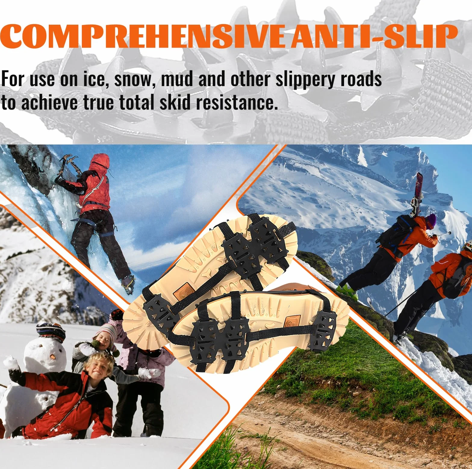 Crampons antidérapants pour chaussures de randonnée, lot de 2 paires, noir, taille L