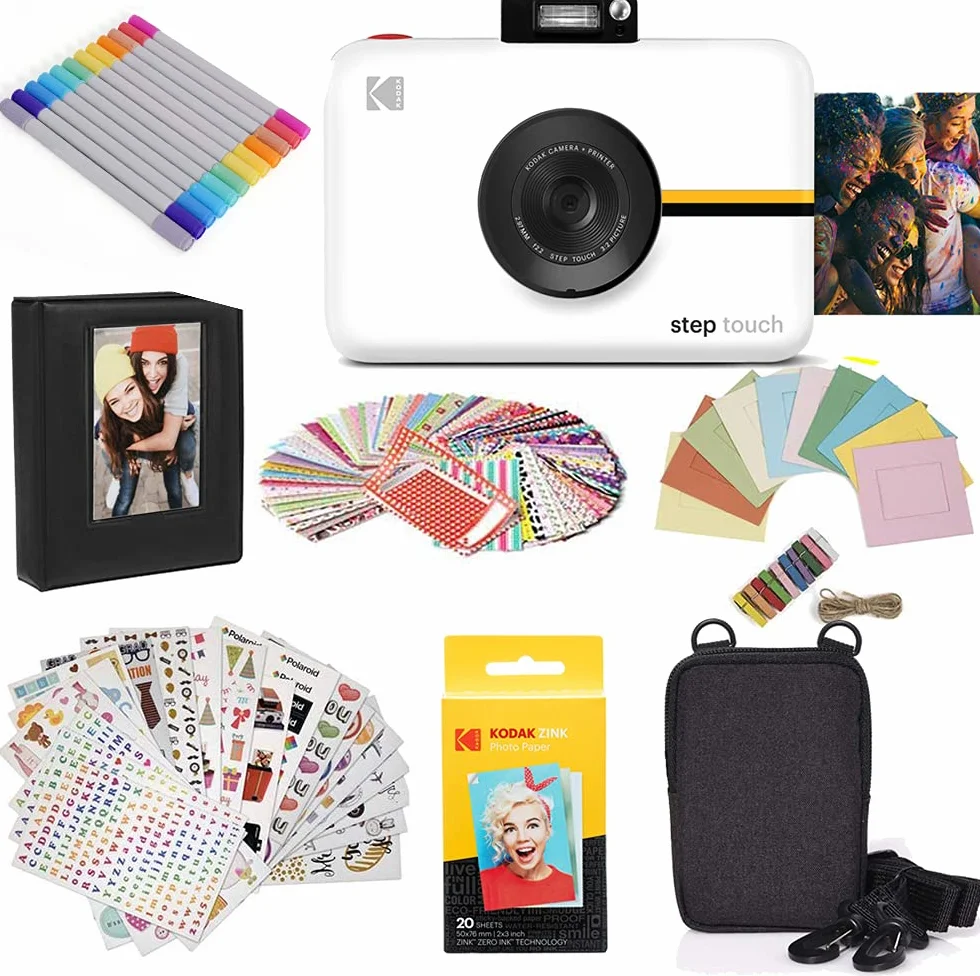 KODAK Step Touch Appareil Photo instantané avec écran Tactile LCD de 3,5 Pouces (Blanc) Bundle : étui, album, marqueurs, paquet de 20 papiers Zink, autocollants