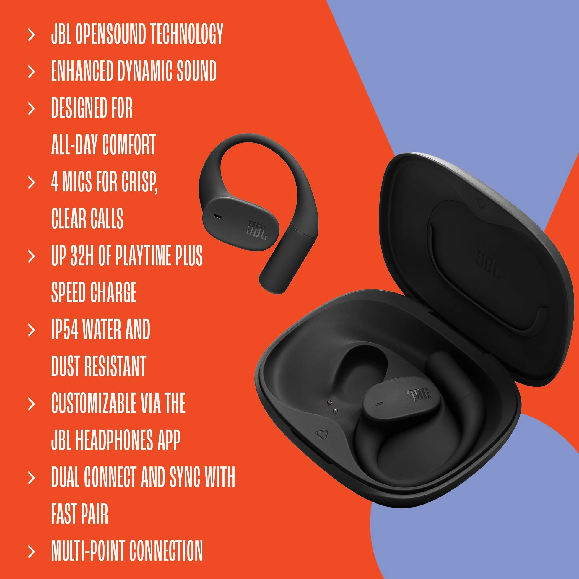 JBL Sense Lite True Wireless écouteurs Ouverts sans Fil, Conception Crochet d'oreille, Conduction aérienne, JBL OpenSound, 32 h d'autonomie, étanches IP54, compatibles avec JBL Headphones, Noir