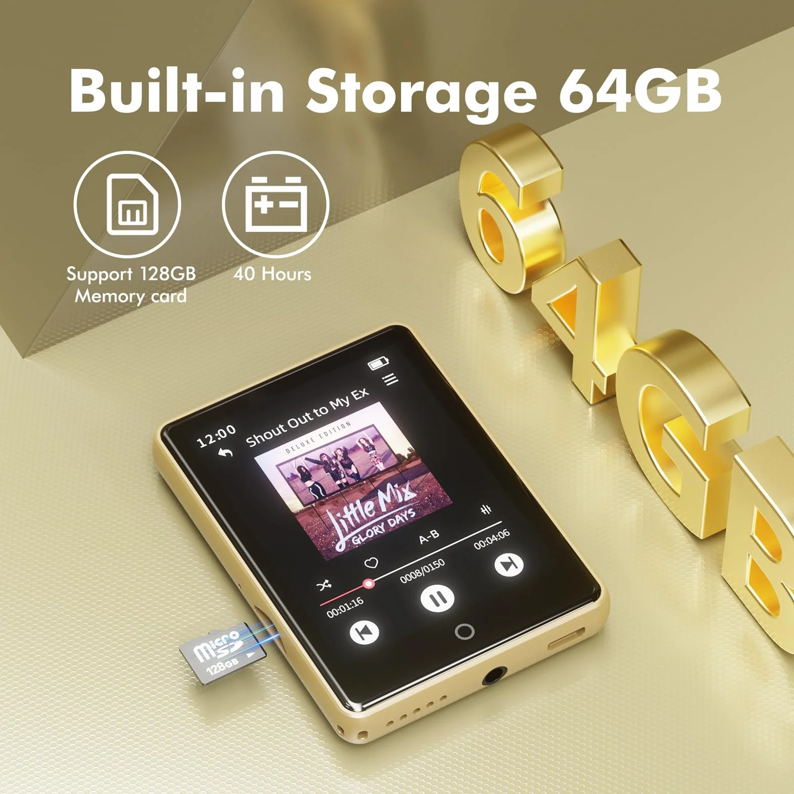 Lecteur MP3 Bluetooth 5.3 64Go 2.8" Écran HiFi Audio MP4 Baladeur Sport Radio FM Podomètre Enregistreur Carte 128Go Or