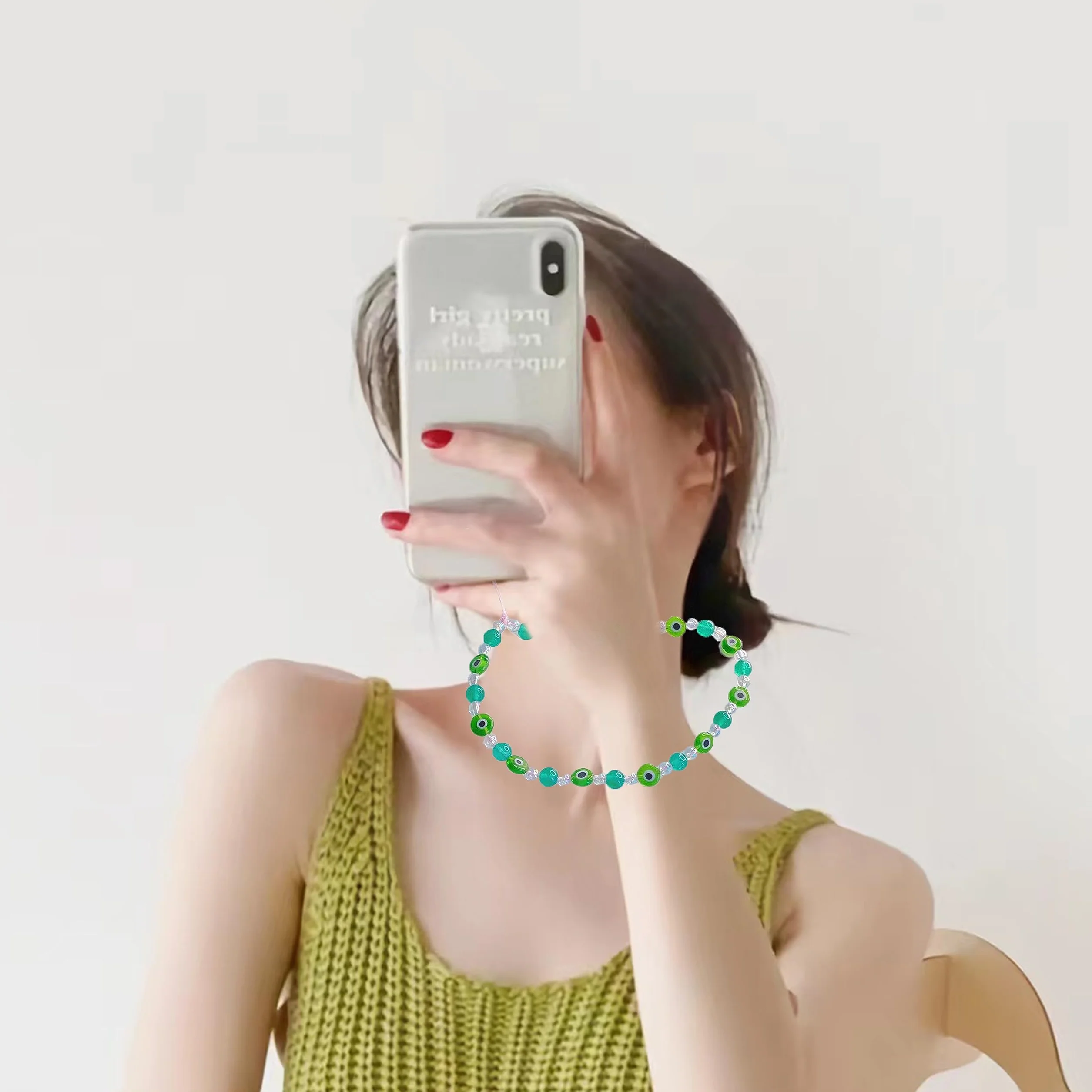 Lanière de téléphone portable perlée motif œil, chaîne anti-perte cou et poignet, pour téléphone clés cartes (bleu)