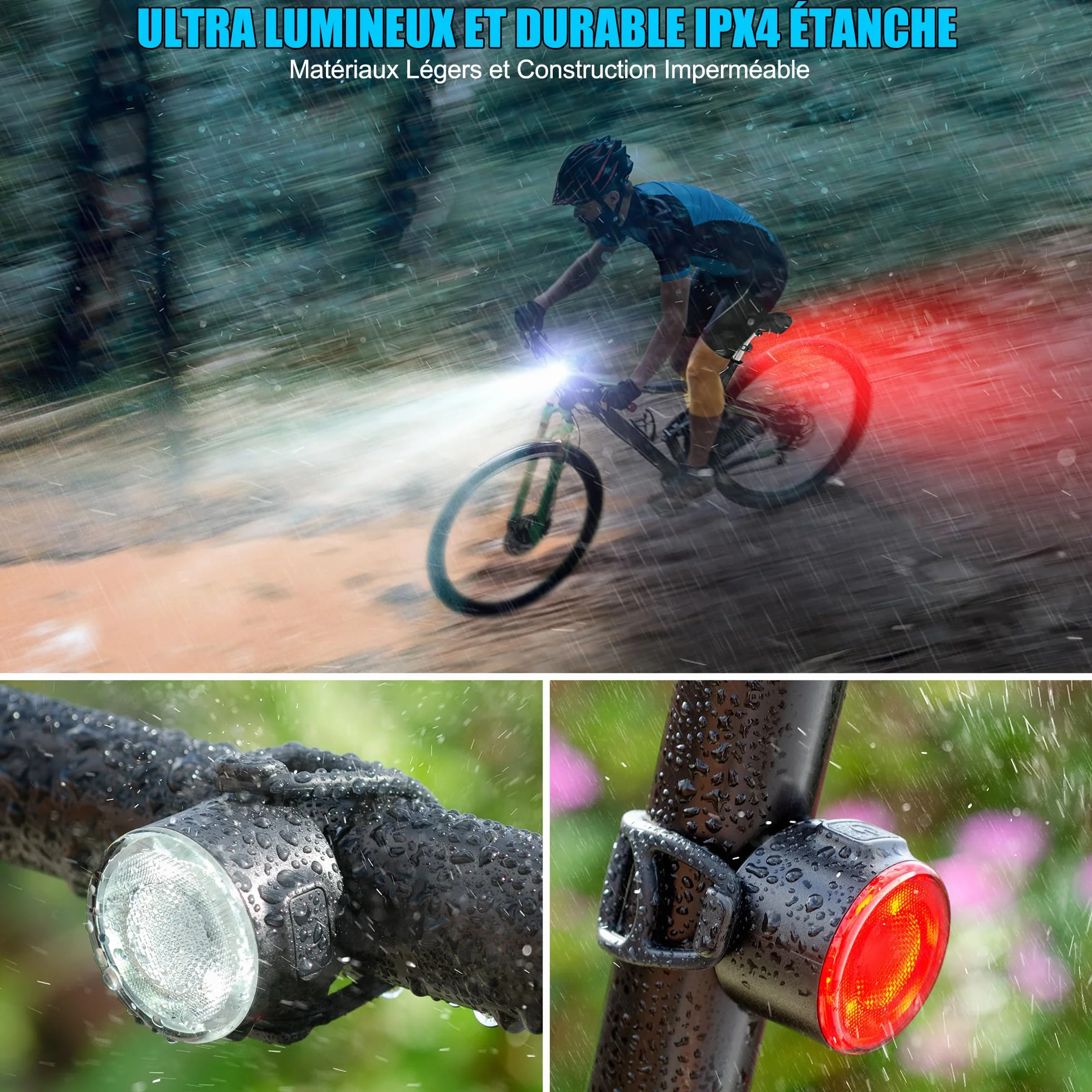 Lumiere Velo USB Rechargeable Avant et Arrière Vélo Lumière LED IPX5 6 Modes Eclairage Velo Route Montagne Conduite de Nuit