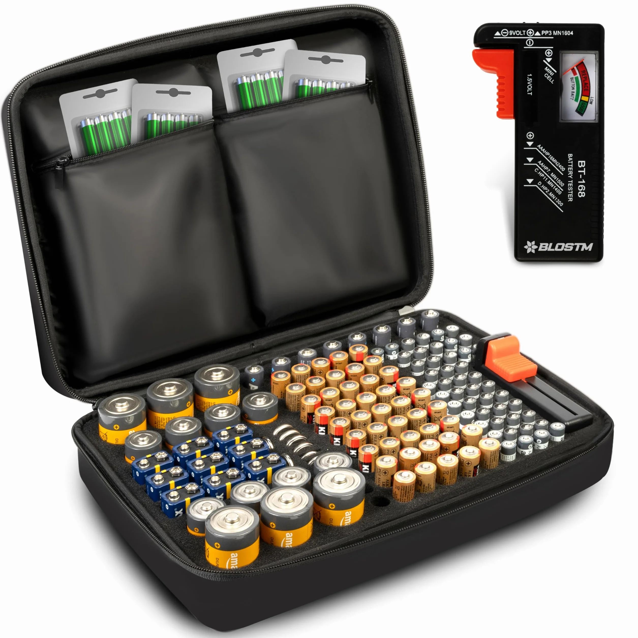 BLOSTM Boite Rangement Piles 140 Emplacements Organisateur avec Testeur de Piles pour AAA AA 9V C D Bouton