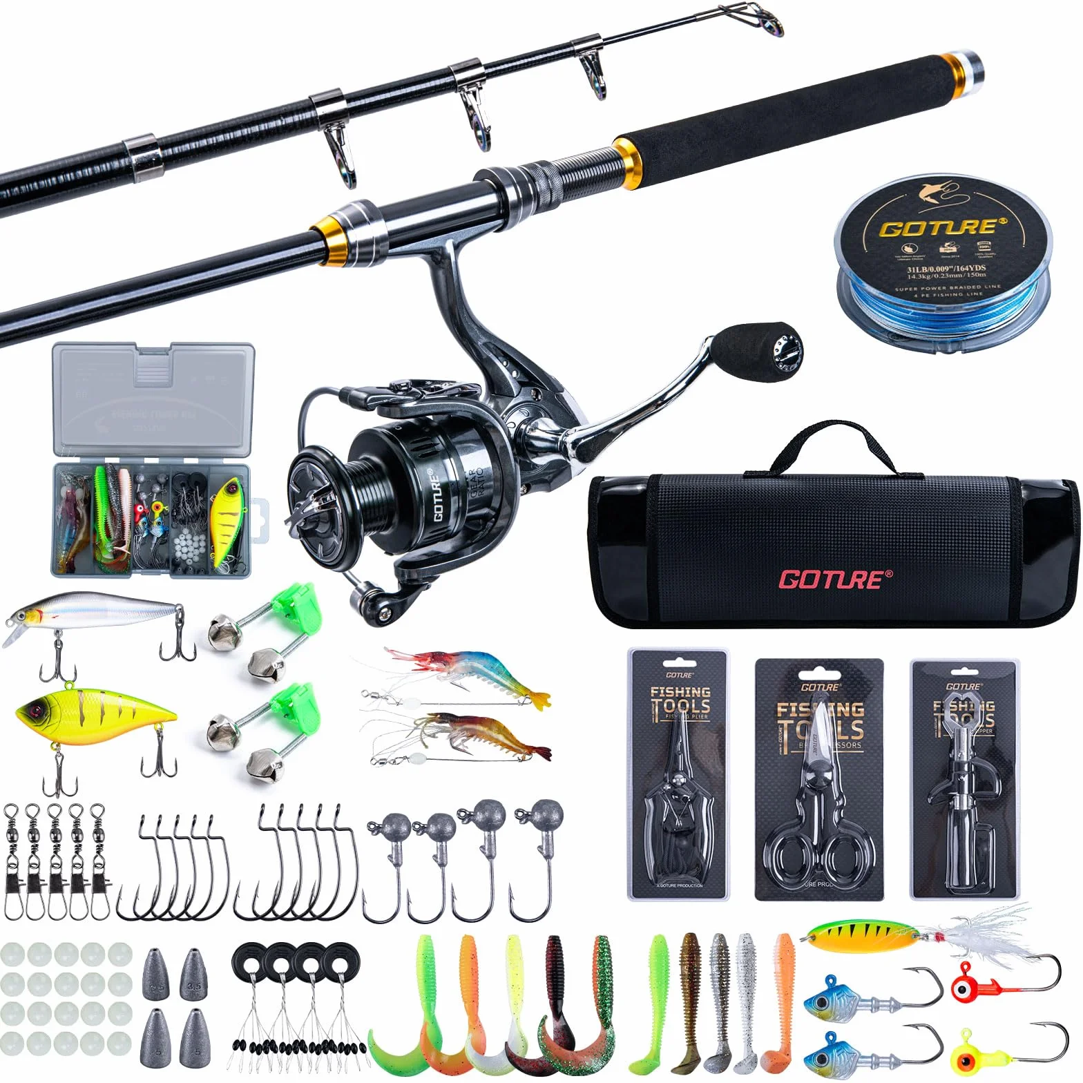Goture Ensemble de pêche télescopique Carbone 24T 1,8 m 2,1 m 2,4 m 2,7 m Moulinet 5,2:1 Ligne 150 m 14 kg