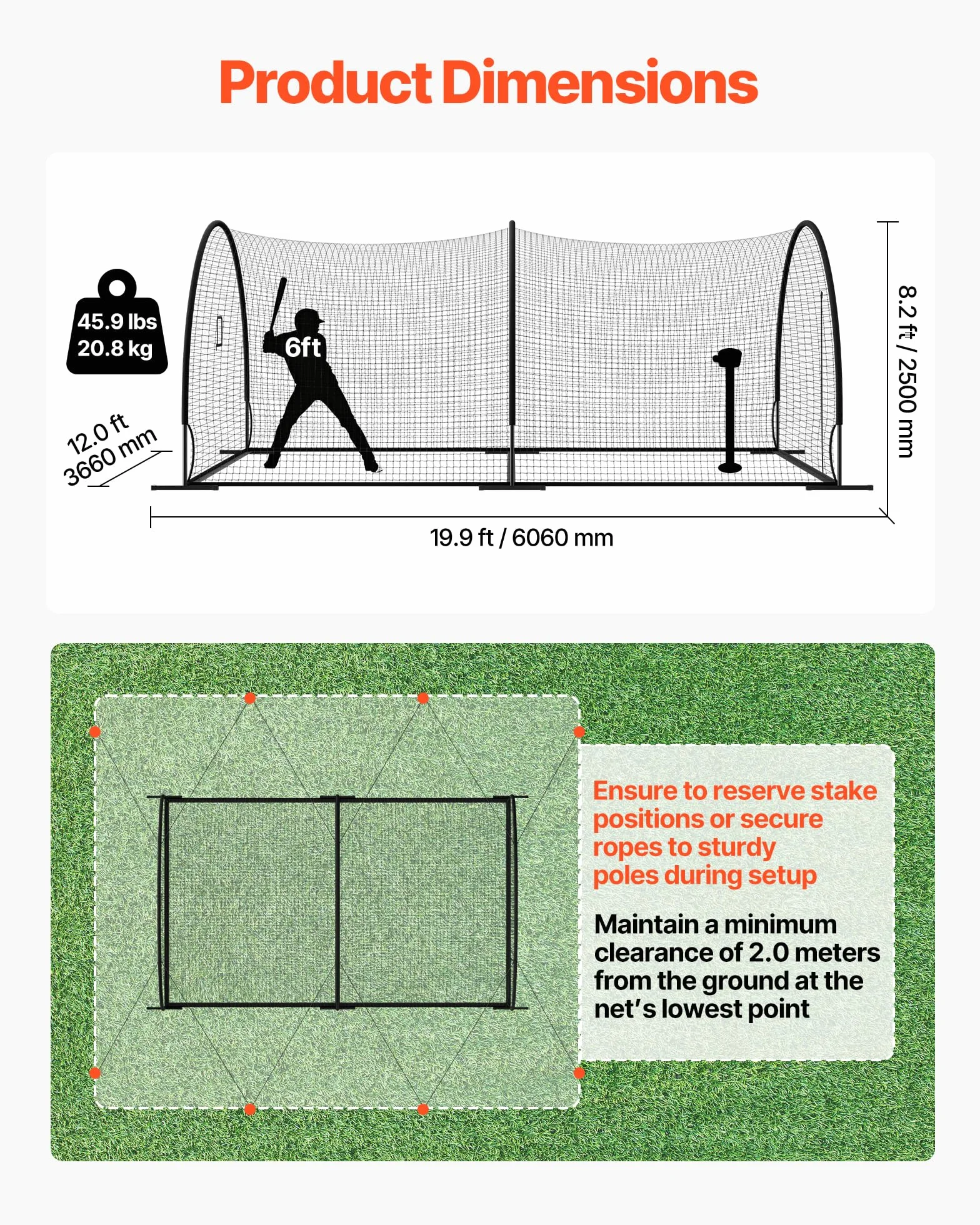 VEVOR Cage de Frappeur 6,06x3,66x2,5 m Tunnel de Frappe Baseball Softball Portable Filet Entraînement Lancement PEHD Noué 30 Plis