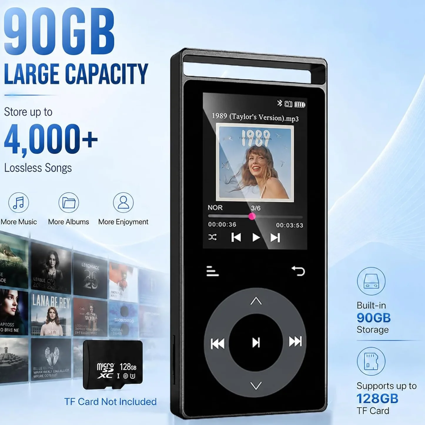 Lecteur Mp3 Bluetooth 5.3 Son HiFi, Boutons Tactiques, Structure Métall, Écran Couleur, Extension 128Go, Écouteurs Inclus Noir