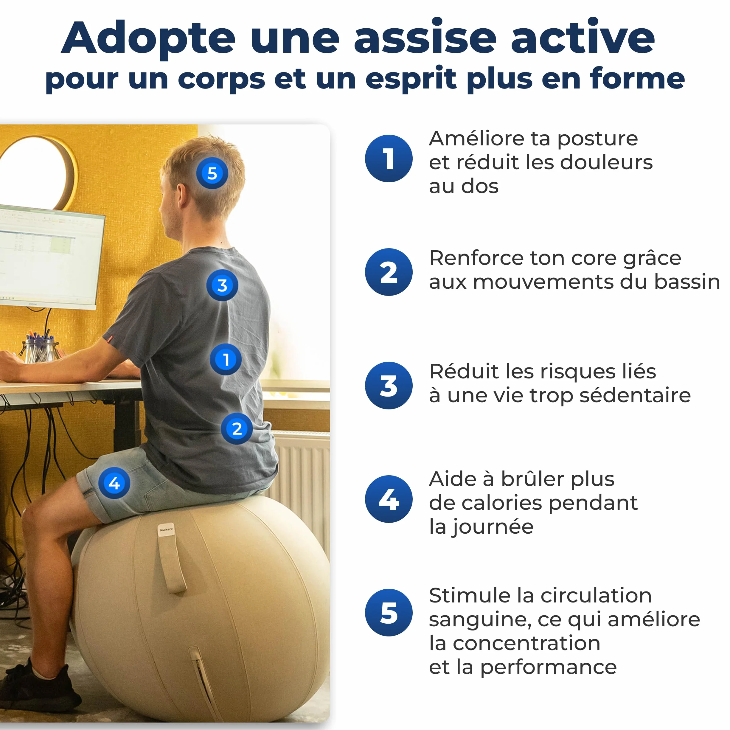 Ballon Ergonomique Bureau 55CM 65CM 75CM Capacité 110kg Housse Lin Lavable Bonne Posture