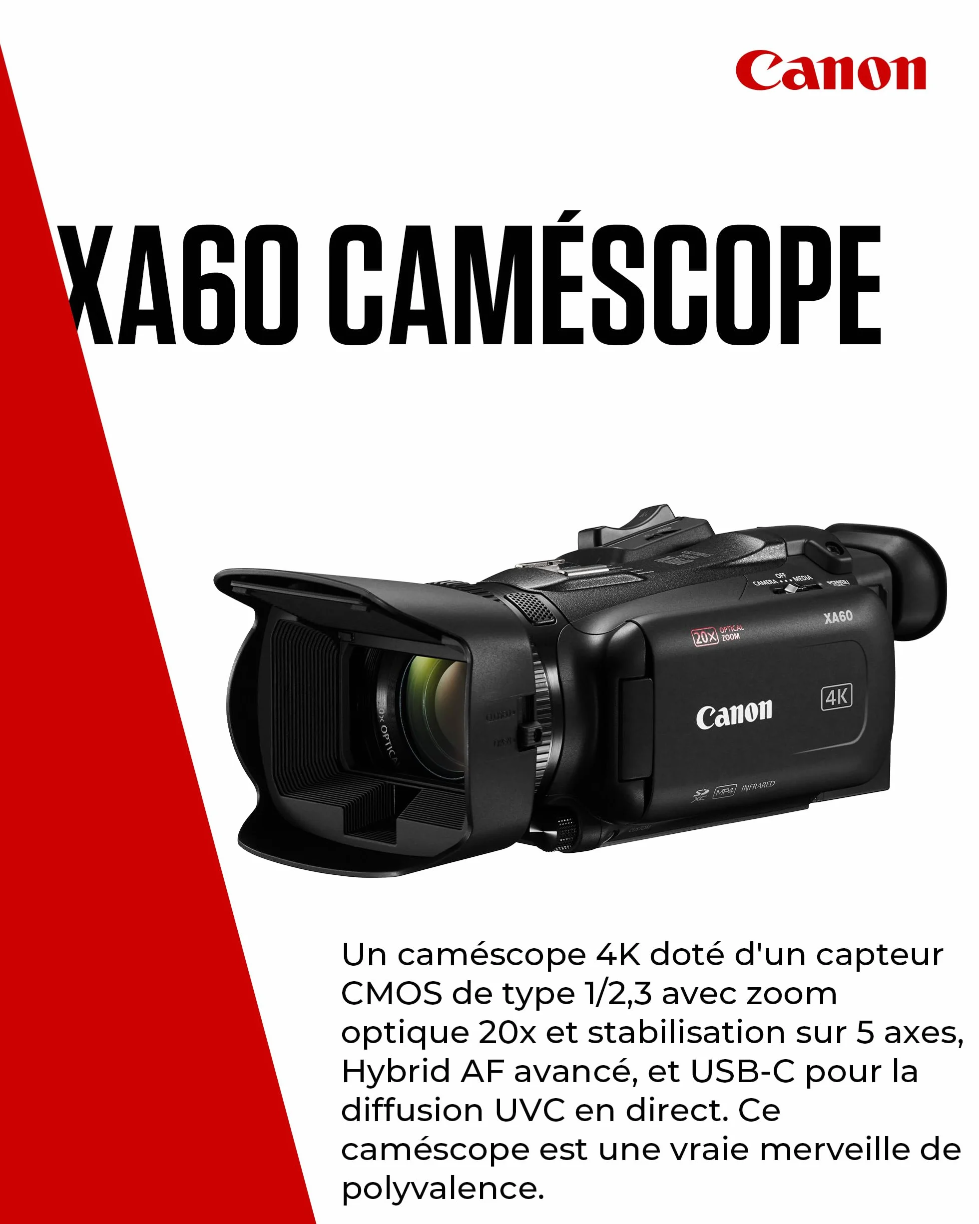 Canon XA60 - Camera 4K avec Autofocus Avancé et Zoom Optique 20x - Camera Professionnelle avec Stabilisation sur 5 Axes, Sortie HDMI et Diffusion HD en Direct en USB-C