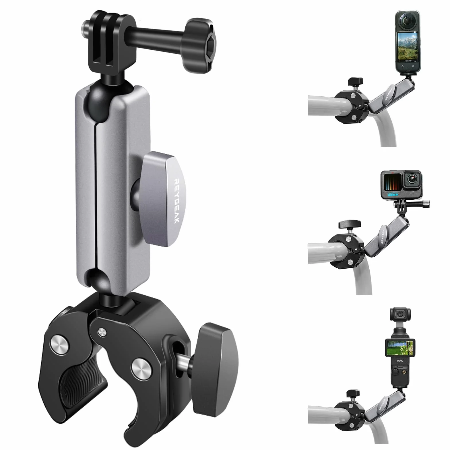 REYGEAK Support de caméra avec double tête sphérique à 360° avec vis 1/4, support de guidon de vélo avec double griffe pour GoPro Max Hero 13/12/11/10/9