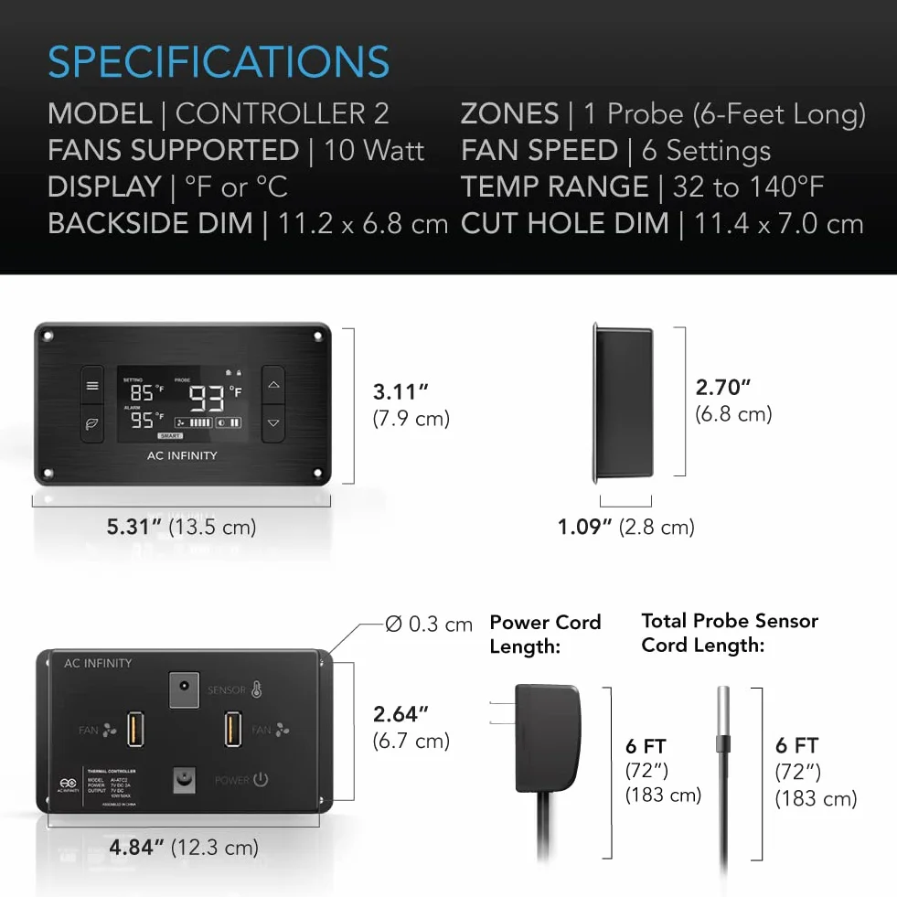 AC Infinity Airplate T7 Quiet Cooling Fan with Thermostat Control for Home Theater AV Cabinets